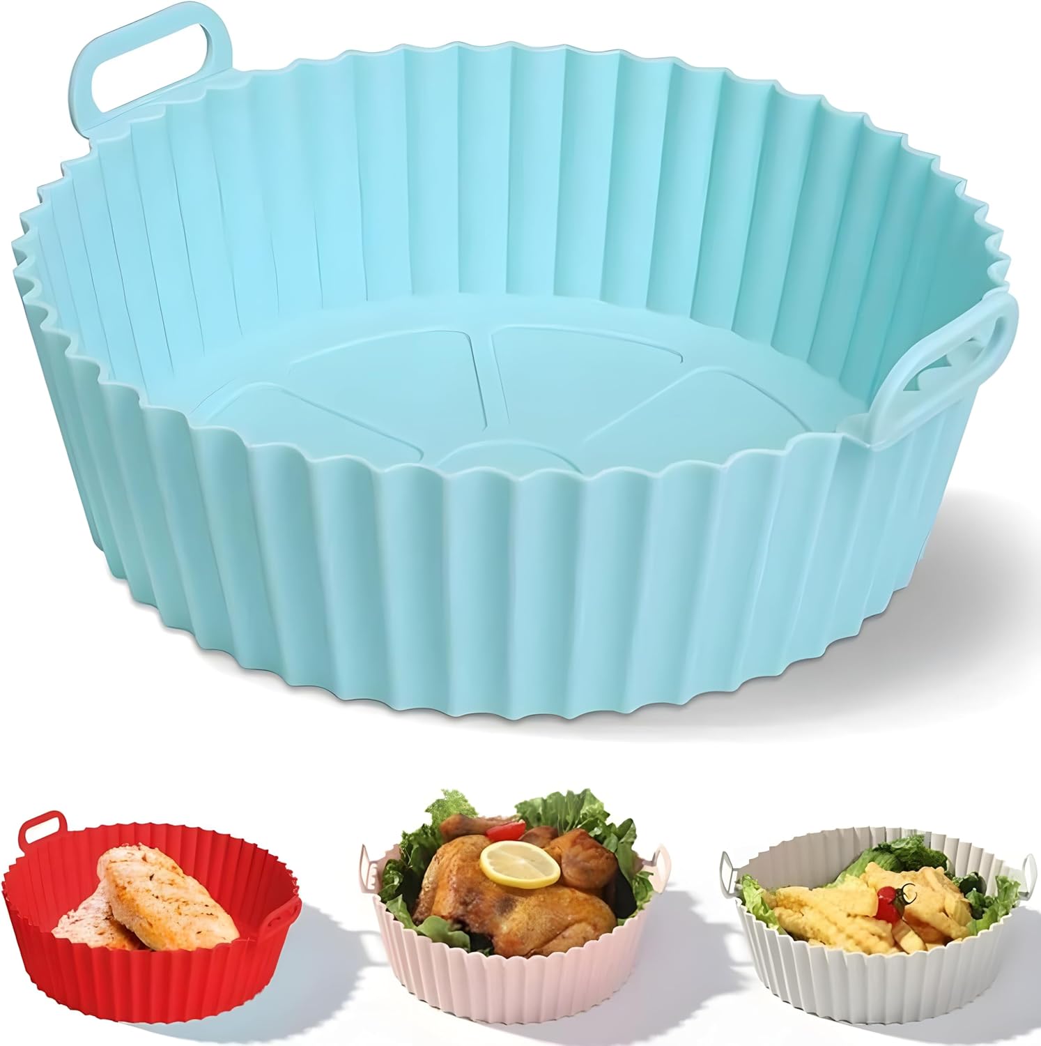 Air Fryer Silicone Baking Tray | Air Fryer Accessories, Basket 6.8 In Bottom, Reusable Non-Stick Silicone Pot Air Fryer Liners with Ear Handles, Easy to Clean, Nonstick (Sky Blue) Thumbnail