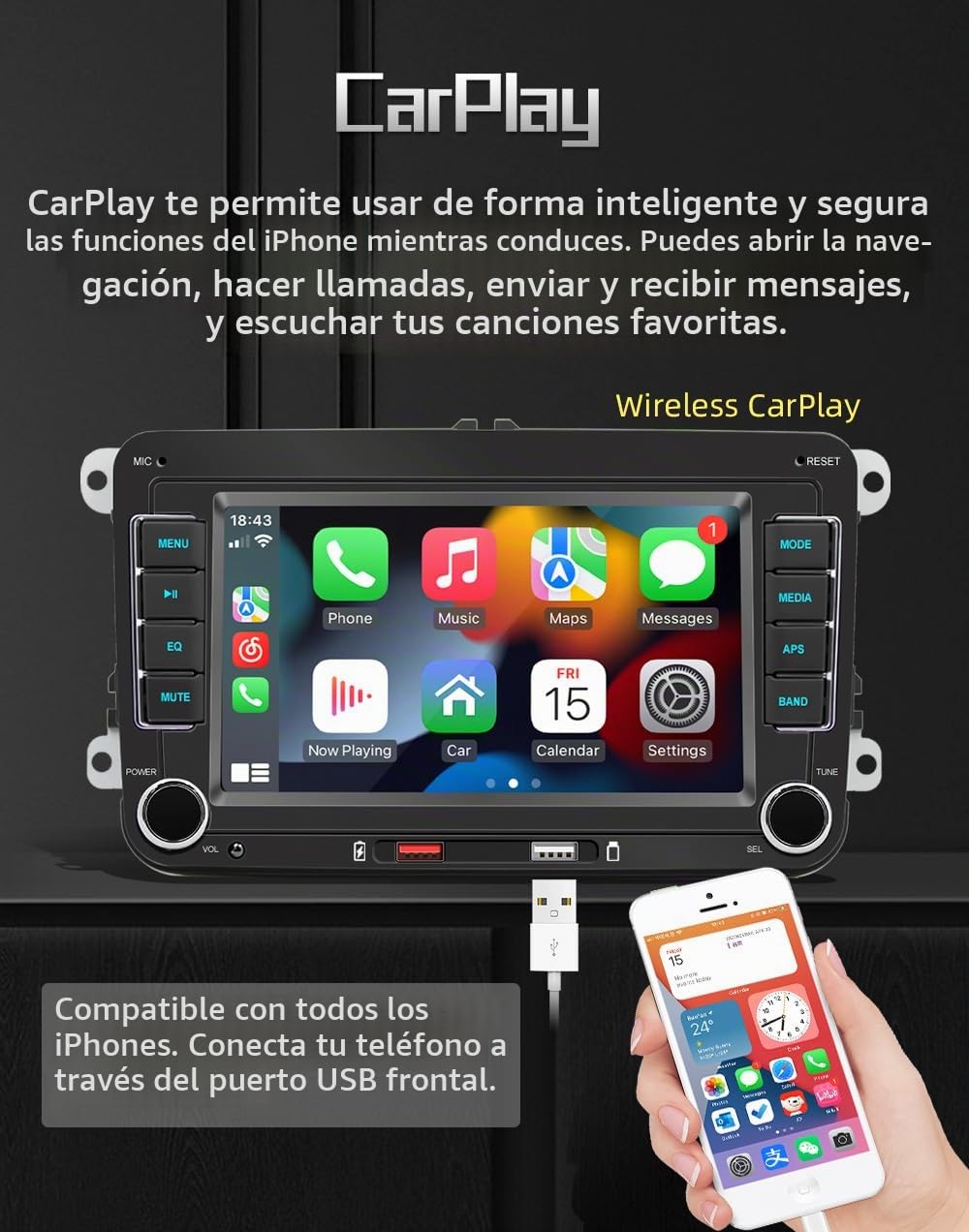 Radio VW con CarPlay Inalámbrico y Android Auto, Pantalla de 7 Pulgadas, Bluetooth, Mirror Link, EQ, Radio FM/Am/RDS SWC, Autoestéreo para VW Passat Golf Polo Caddy EOS Touran Tiguan Jetta Seat Skoda