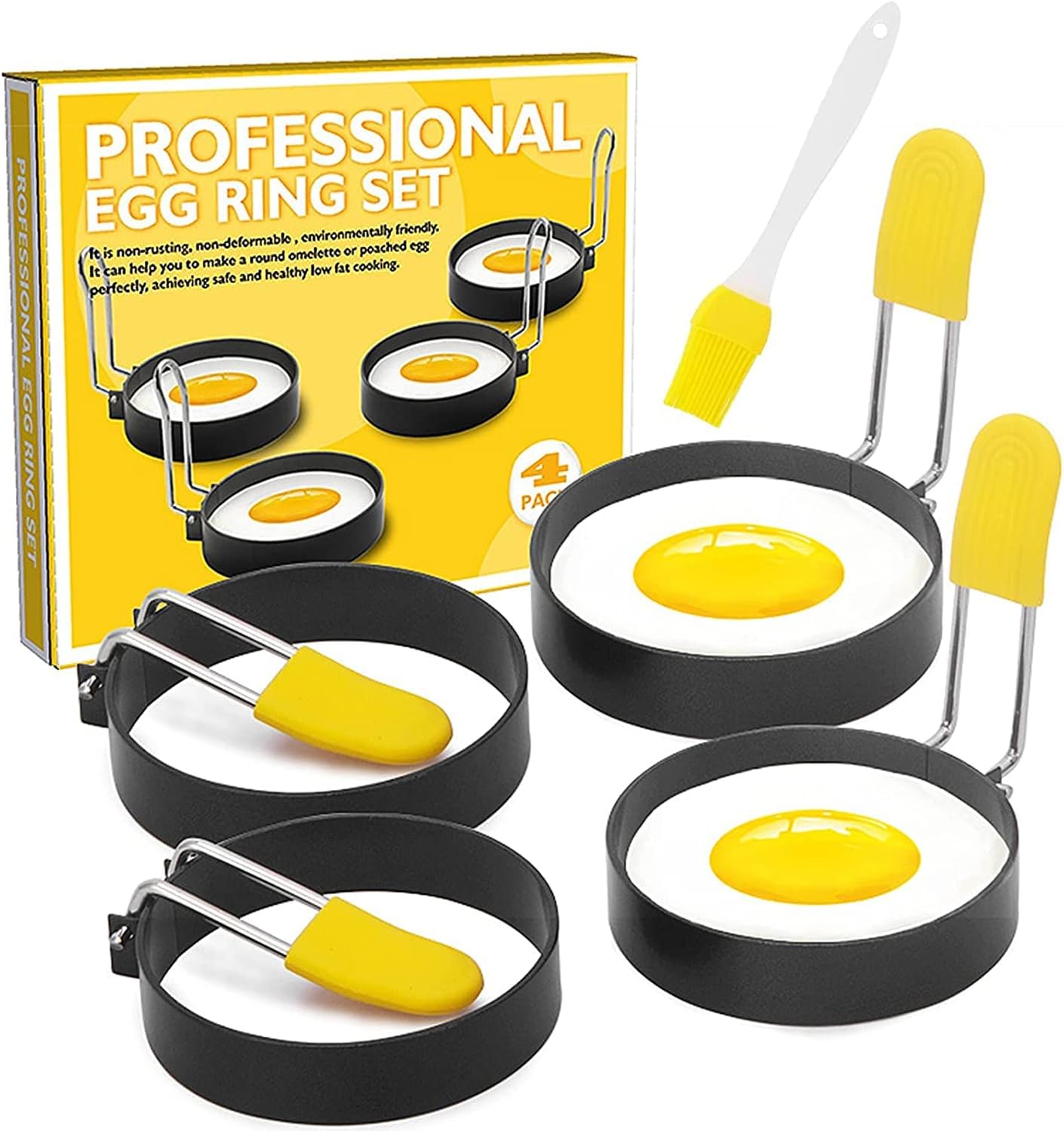 Pack of 4 Egg Rings, Stainless Steel Egg Cooking Ring with Anti-scald Handle, Non-stick Round Shaper Mold with Oil Brush for Eggs Frying/Omelet, Breakfast Tool for Pancake Rounder