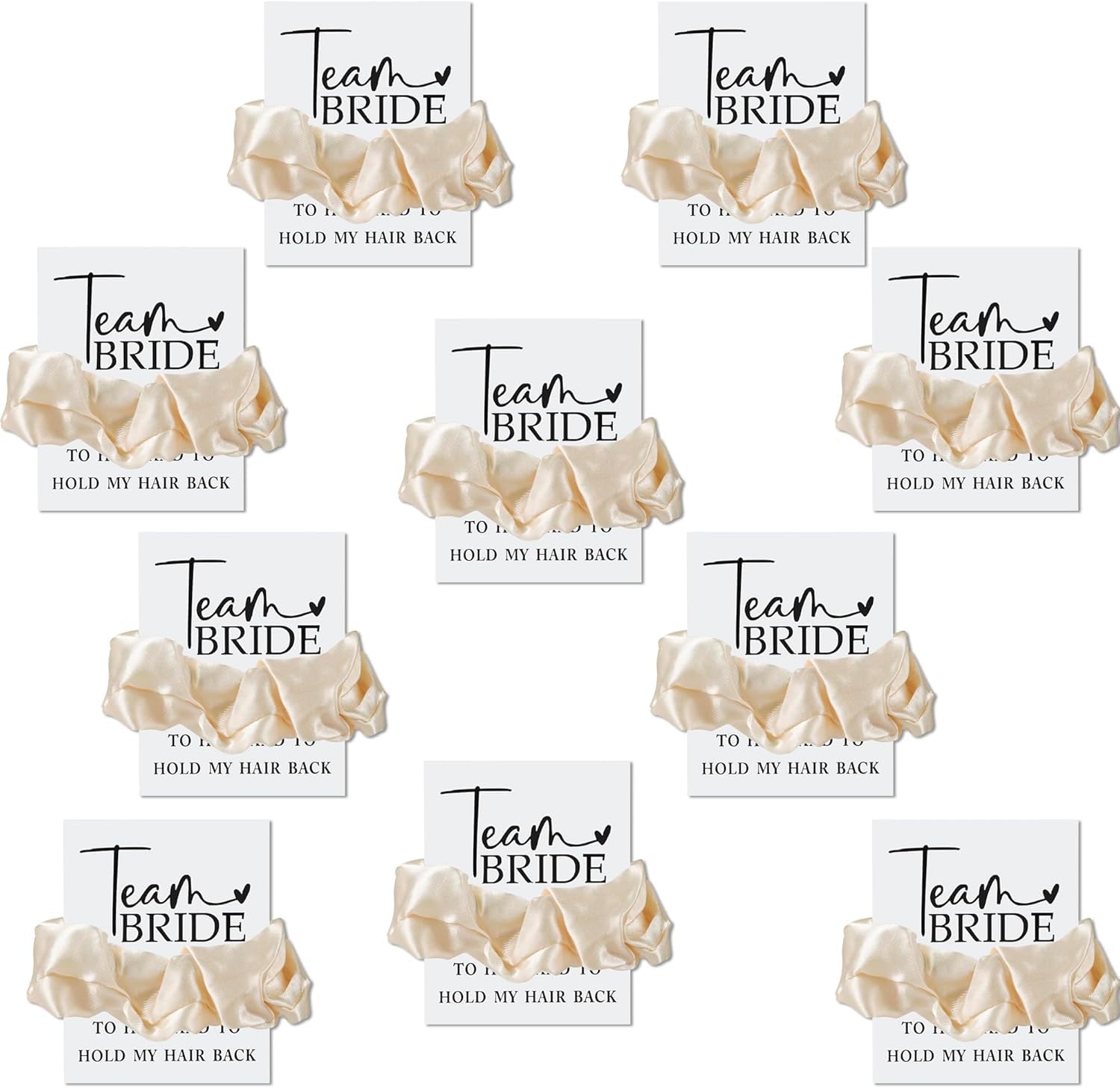 TRIXES 10PK Team Bride Satin Scrunchies - Hen Do Party Accessories - Bride to Be Party Favours, Beige, 10 count (Pack of 1) - Image 3