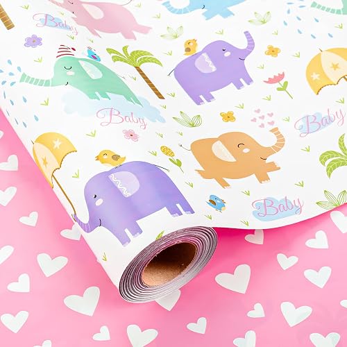 Homeral Girl Baby Shower Wrapping Paper Roll - Baby Elephant & Pink Heart Pattern, Reversible Newborn Gift Wrap for 1st Birthday, Party - Mini Roll - 17 Inch x 33 Feet
