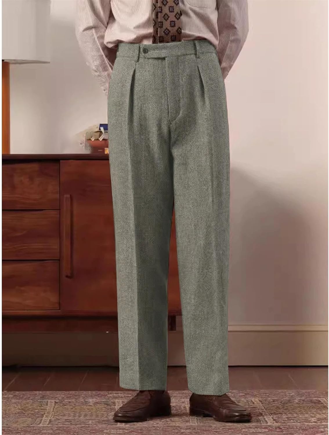 Men's Spring Elegant Tweed Fabric High Waist Straight Leg Suit Pants with Button Pleats and Check