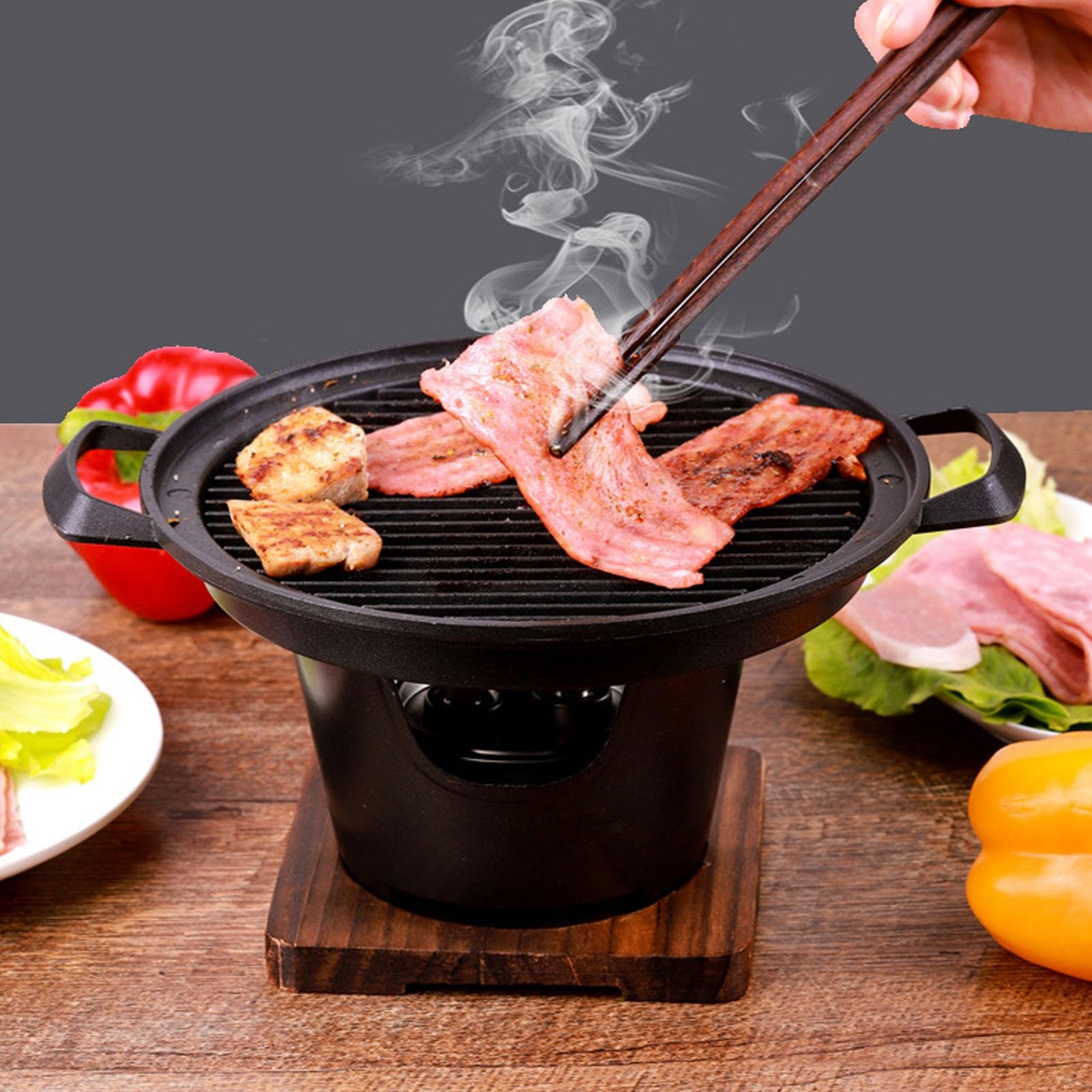 Griglia per barbecue da appoggio, griglia a carbone portatile da tavolo con piastra in legno a prova di bastone, senza fumo, per campeggio, picnic, casa (HN-BBQ18A)