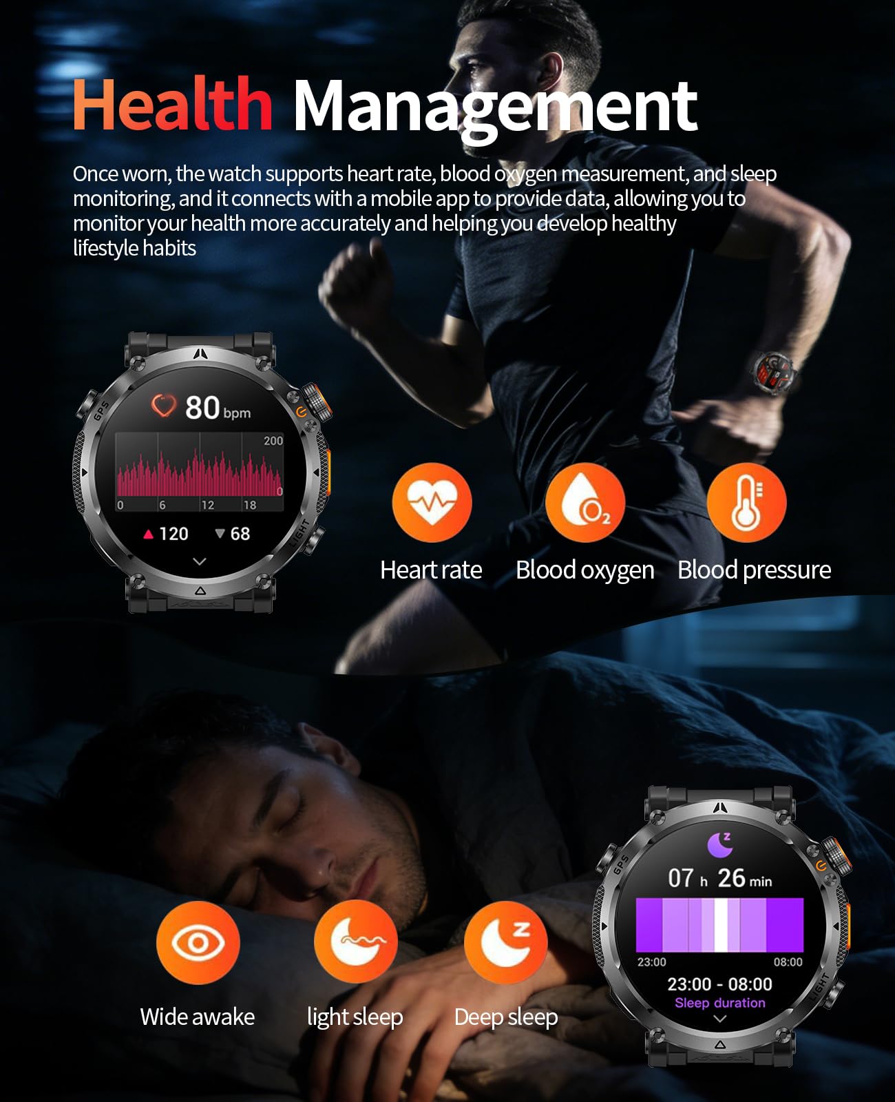 Orologio sportivo GPS da uomo, con schermo HD da 1,7 pollici, torcia a LED, durata della batteria 850 mAh, modalità multi-sport, cardiofrequenzimetro, Bluetooth, chiamate, smartwatch militare per