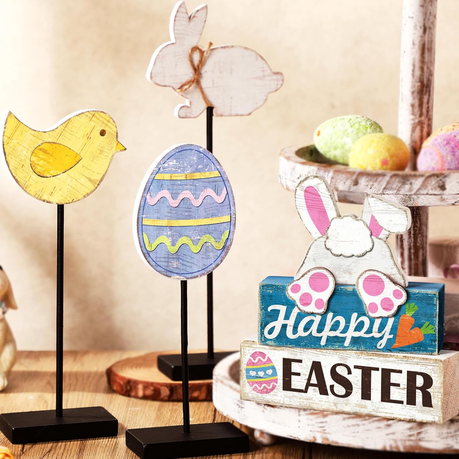DoubleFill 6 Pcs Happy Easter Table Decorations Spring Wooden Bunny Tabletop Centerpieces Easter Egg Tiered Tray Decor Rustic Tall Standing Block Sign for Farmhouse Home Mantel Office