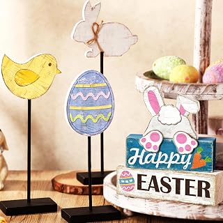 6 Pcs Easter Wooden Bunny Table Decor Bunny Block Sign Easter Decoration for Home Rustic Farmhouse Table Centerpieces Spring Tiered Tray Decor for Tabletop Desk Office