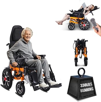Foldable Reclining Electric Wheelchairs for Adults, 20" Seat Motorized Wheelchair Reclining Wheelchairs for Seniors, Lightweight All-Terrain Power Wheelchair, Airline Approved-Support 330Lbs Orange