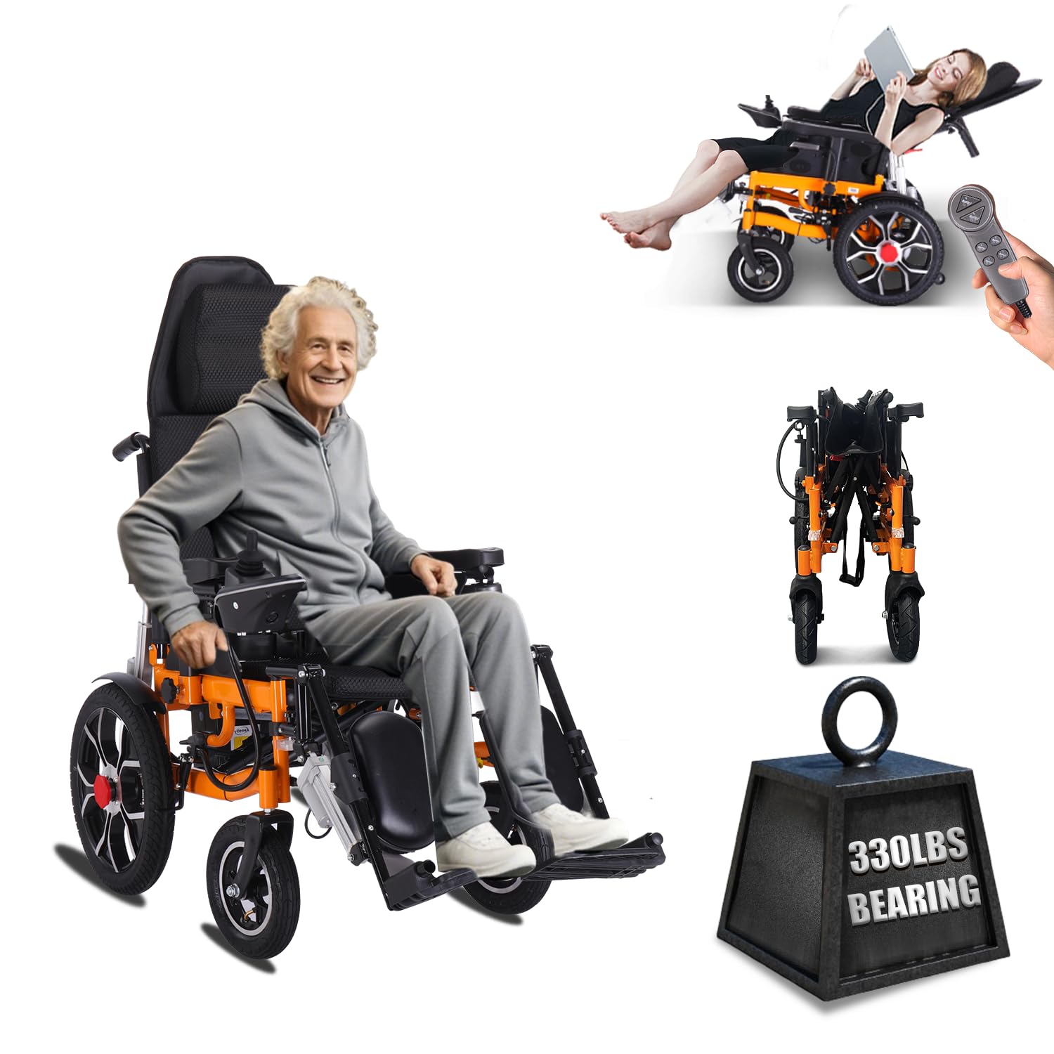 Reclining Electric Wheelchairs for Adults,20" Seat Foldable Motorized Wheelchair Reclining Wheelchair for Seniors, Lightweight All-Terrain Power Wheelchair,Airline Approved-Support 330lbs(Orange)