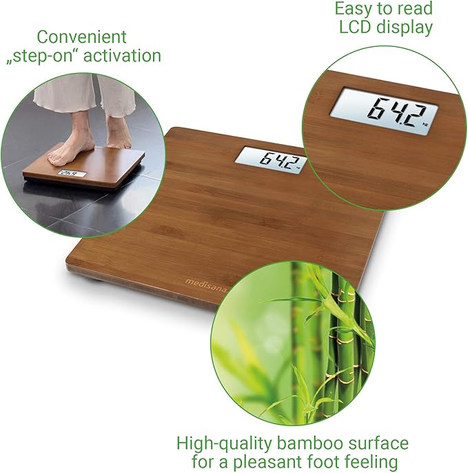Medisana PS 450 Bamboo Digital Bathroom Scales up to 180 kg, Bathroom  Scales with Automatic Shut-Off and Invisible LED Display : Amazon.co.uk:  Health & Personal Care