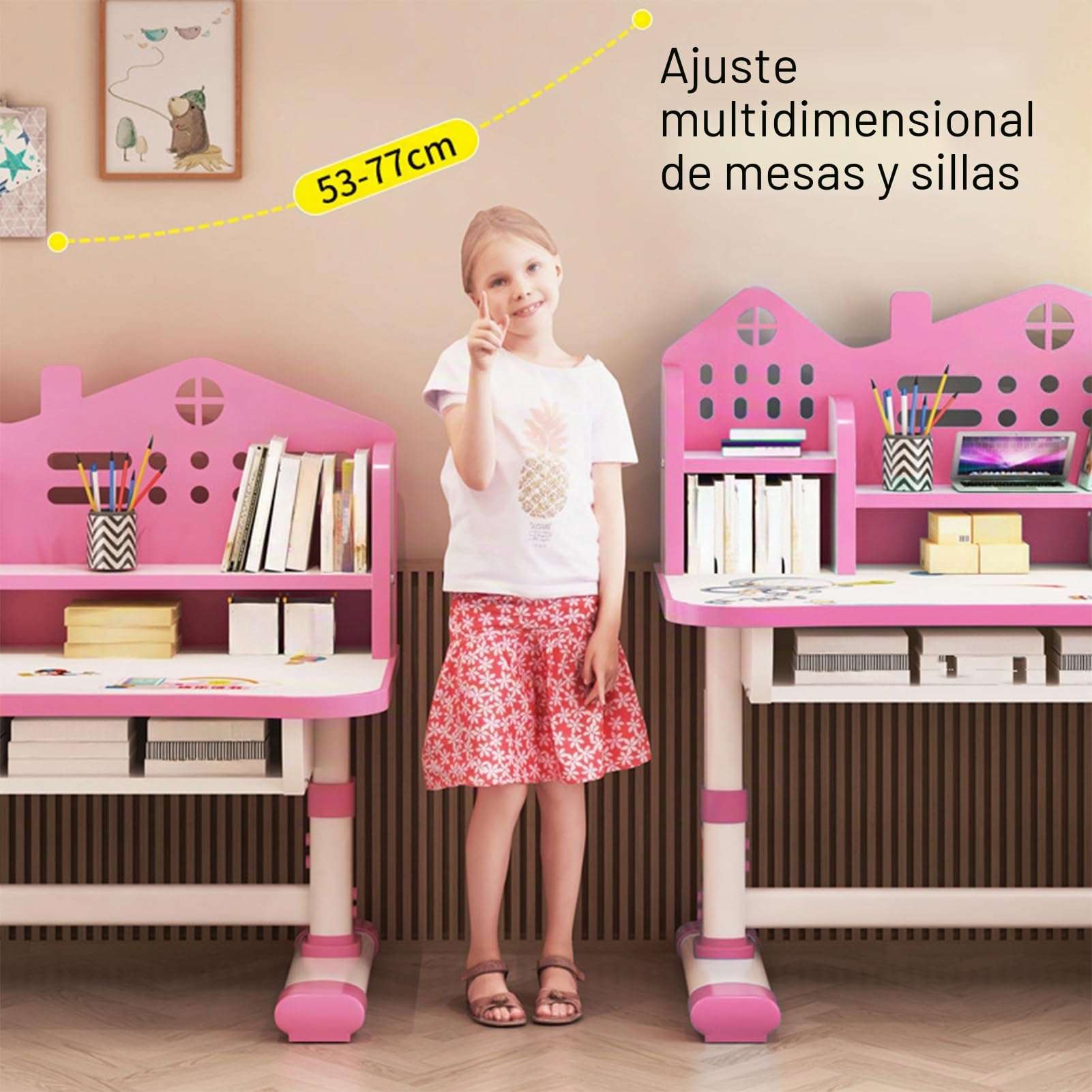 Escritorio de Estudio para Niños y Niñas con Silla Rosa Ajustable y Almacenamiento