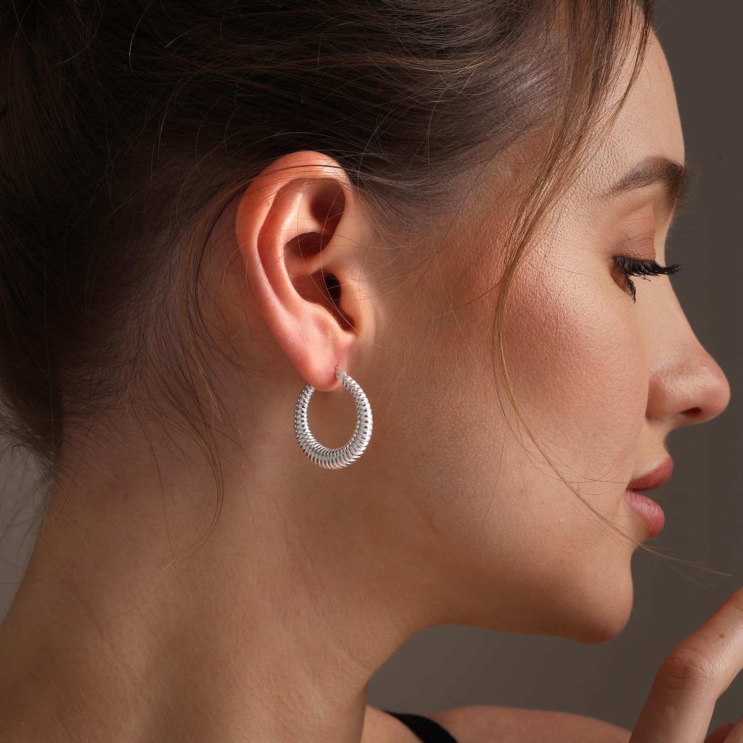 LeCalla 925 Sterling Silver Small Hoop Earring for Women | Round Spiral Textured Hoops Earrings | Classic Silver Hoop Earrings 25MM