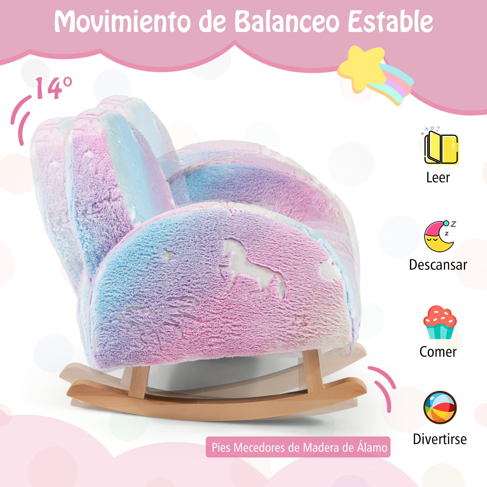 COSTWAY Silla Mecedora para Niños, Mecedora Infantil Acolchada de Franela con Patas de Madera de Álamo, Patrones Que Brillan en la Oscuridad, Respaldo Curvado, Sillón Cómodo para Dormitorio, Salon