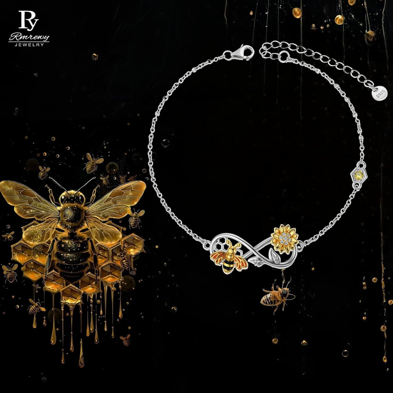 Bee Sunflower Infinity Bracelet 925 Sterling Silver Unique dainty Bracelet for women, Mother’s Day Birthday Gifts for Daughter Sister - Image 7