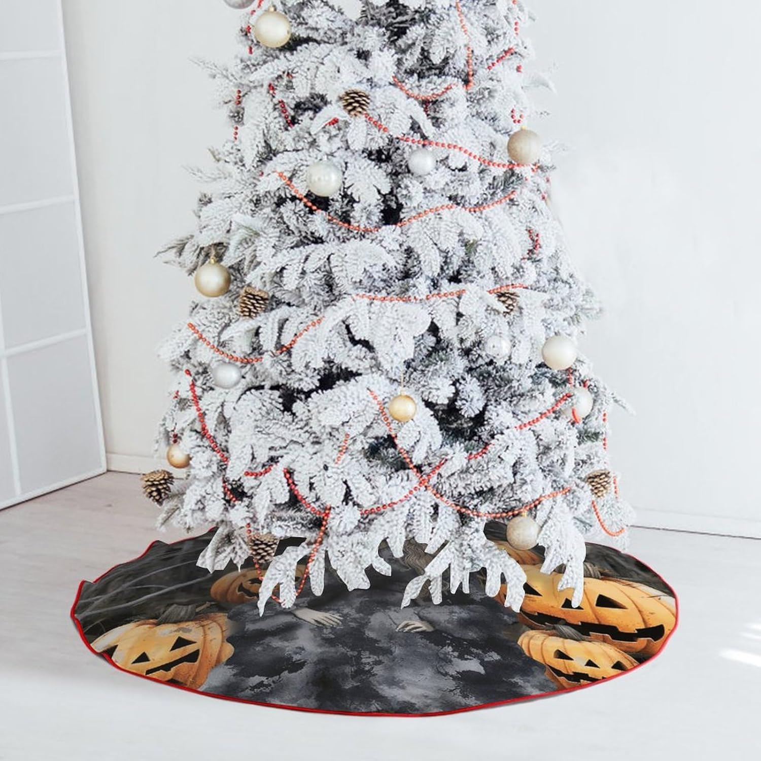Christmas Tree Skirt,for Xmas Tree Holiday Party Decorations Halloween Witch Printed Christmas Tree Mat Red Lace-up Christmas Tree Dress