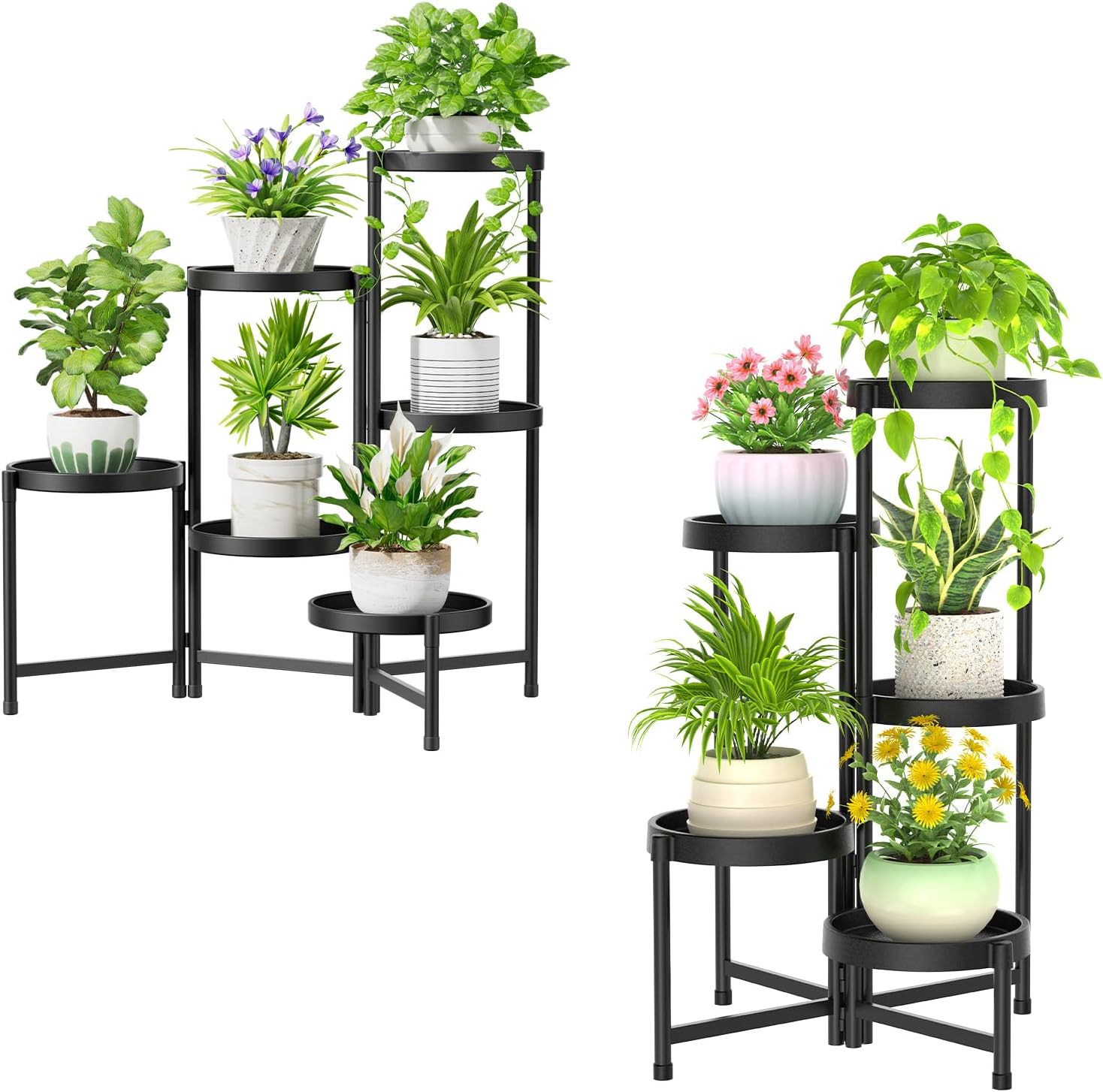 iDavosic.ly 2 Pack Black Foldable Plant Stand Indoor Outdoor, 6 Tier Large Corner Flower Pot Holders and 5 Layer Metal Plastic Tall Orchid Display Rack for Window Porch Garden Balcony Patio