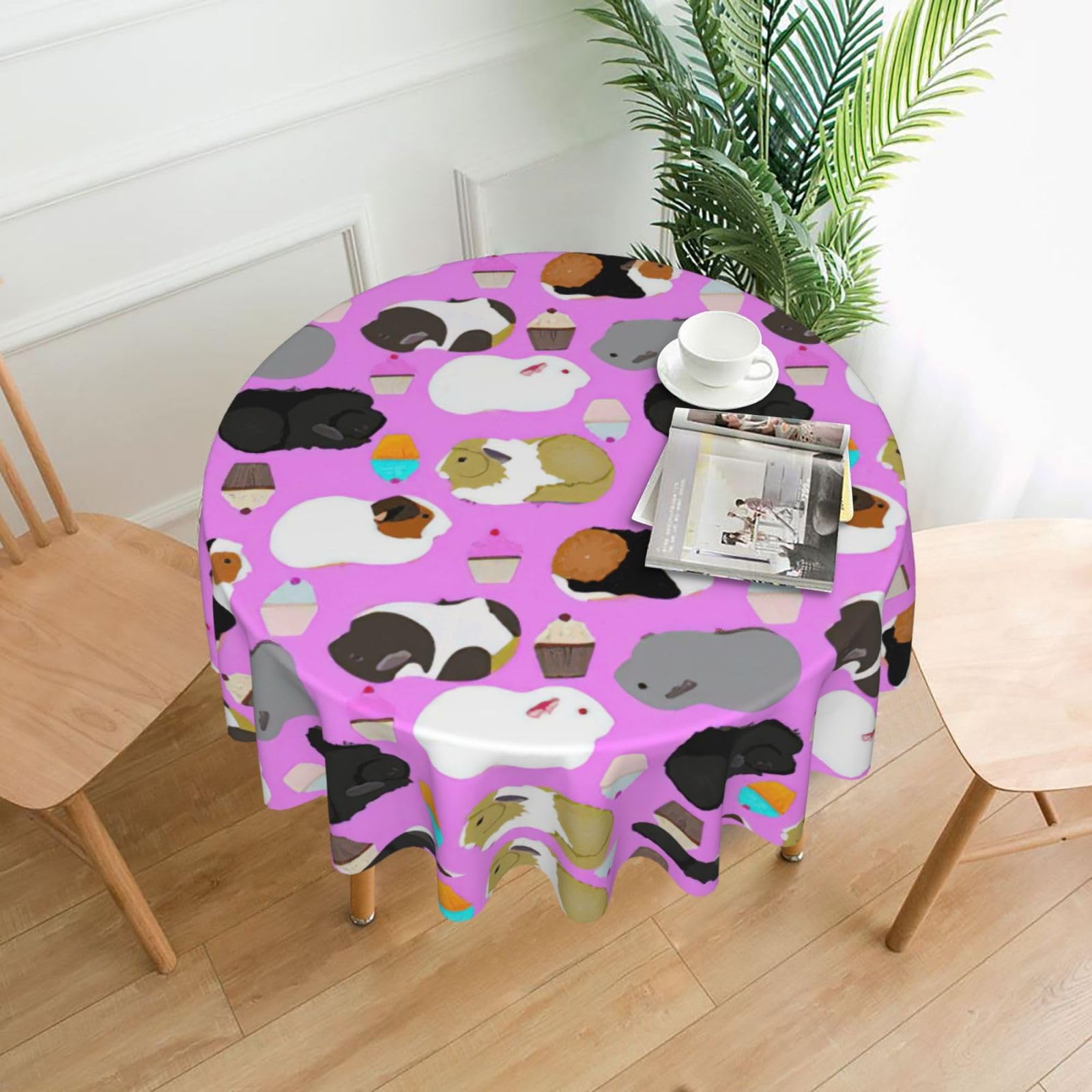 OXbnmm Guinea Pigs and Cupcakes Print Soft Round Tablecloth 60in Polyester Washable Cover Cozy Gift for Mom Housewarming