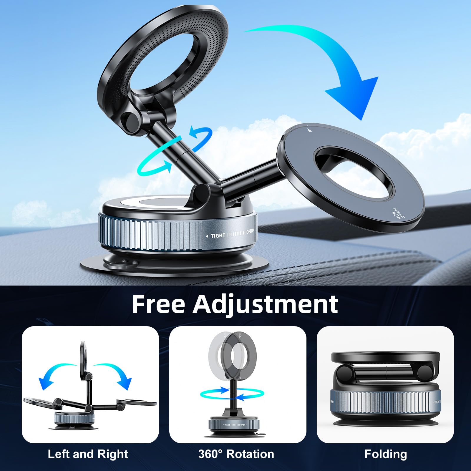 360° Adjustable Magnetic Vacuum Suction Cup Car Phone Holder For MagSafe & Android