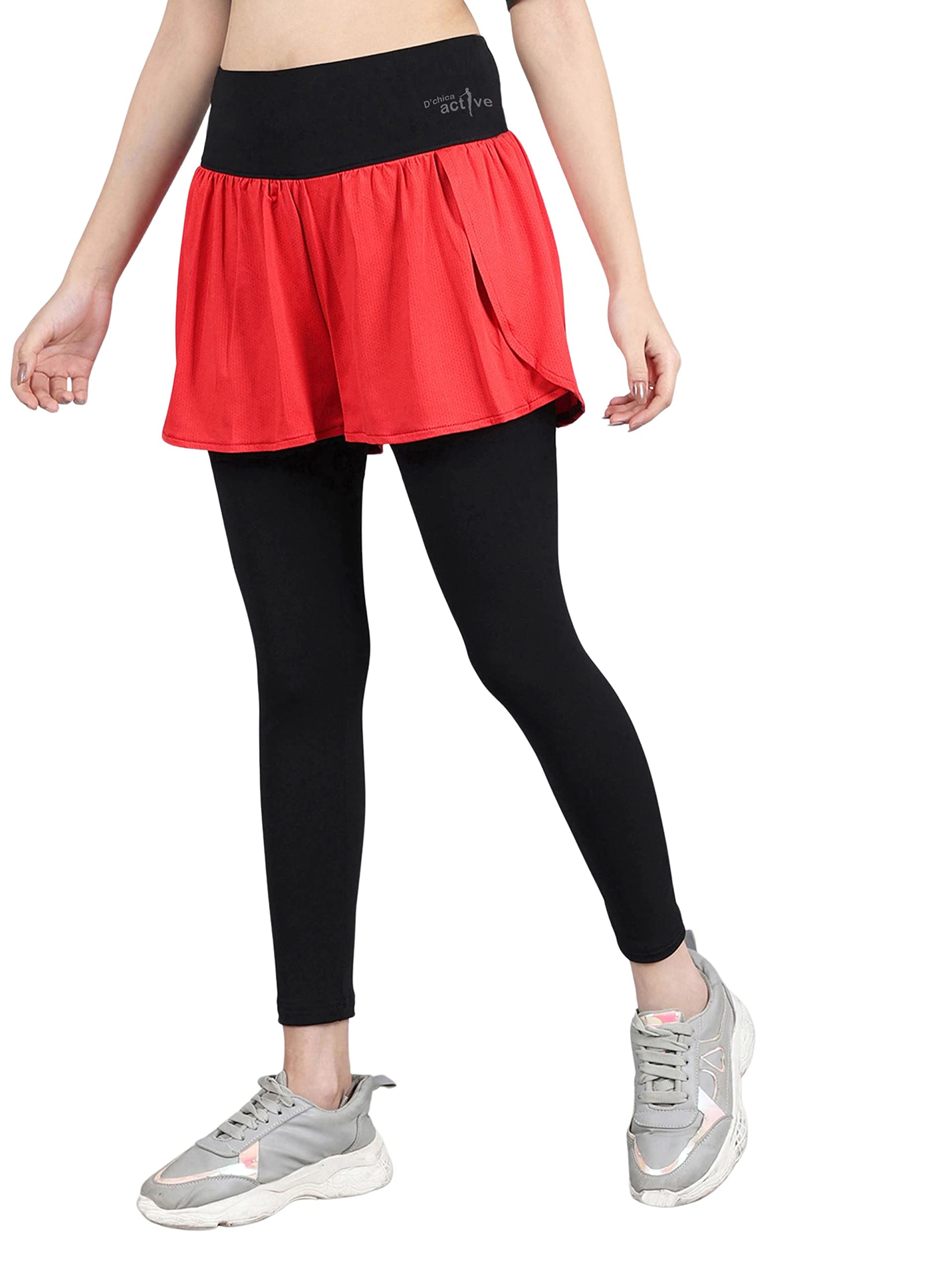 D’Chica Solid Ankle Length Legging with Attached Short for Girls, Activewear Leggings with Side Pockets, Comfortable Women Sports Lower for Cardio, Kickboxing, Gym, Jogging and Casual Wear