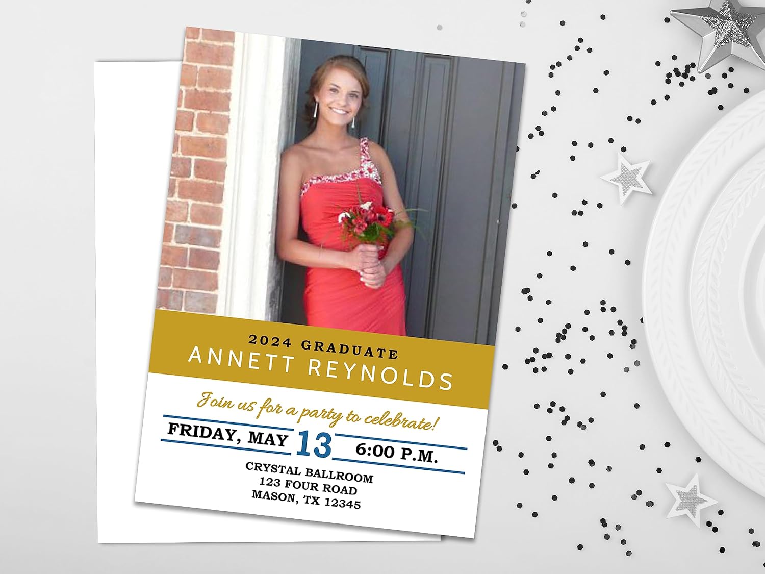 Graduation Announcements Party Invitations Cards Class of Customized Gold Black Blue, High School or College, personalized with envelopes