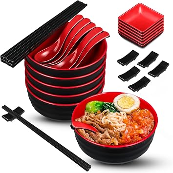 meekoo 41oz Large Ramen Bowl Sets, 6 Complete Japanese Noodle Soup Bowls Pho Bowl with Dipping Bowls Spoons Chopsticks Chopstick Rests for Ramen Pho Udon Soba