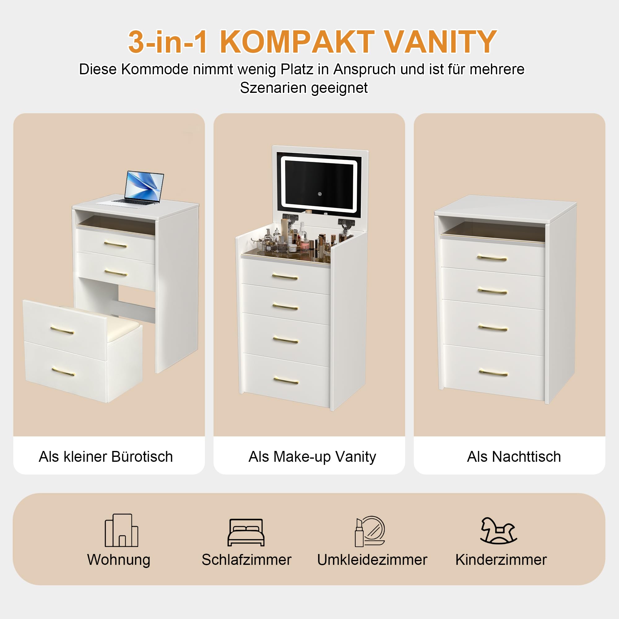 Kleiner Schminktisch mit Spiegel, Hocker, Glasplatte & 3 Schubladen, 60 cm