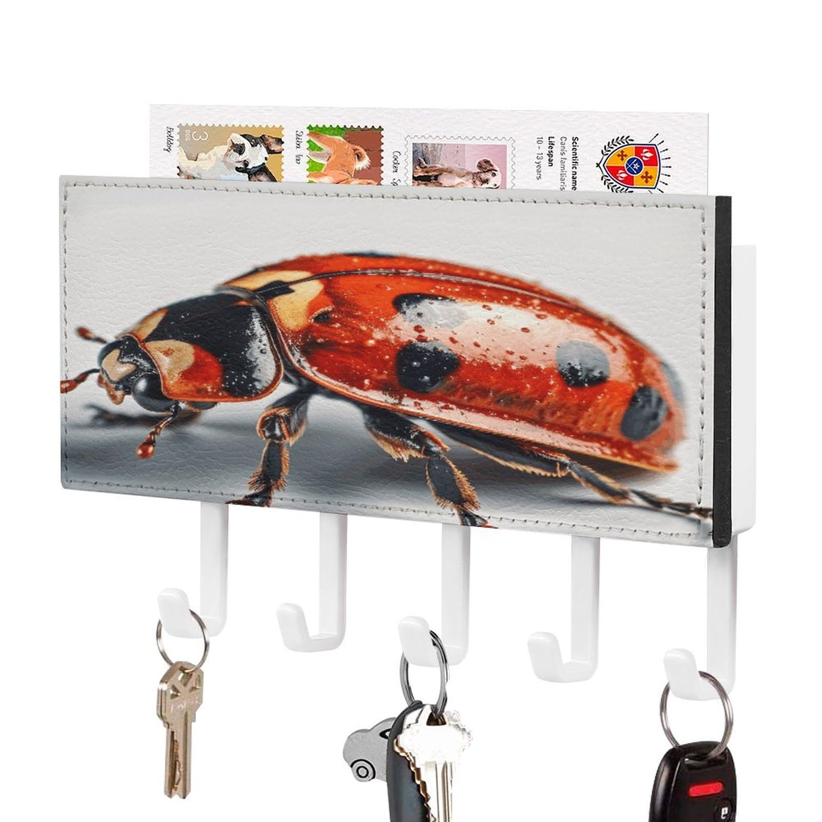 Ladybug on White Background Key Holder Wall Mount Key And Mail Holder Key Hanger with 5 Hooks Decorative PU Key Rack Hanging Key Hooks for Wall Living Room Kitchen Bathroom Hallway White-style