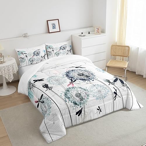 Miniatura 4 de Manfei Juego de edredón de diente de león, tamaño Queen, juego de ropa de cama bohemio de libélula de 3 piezas para niños y niñas, decoración de