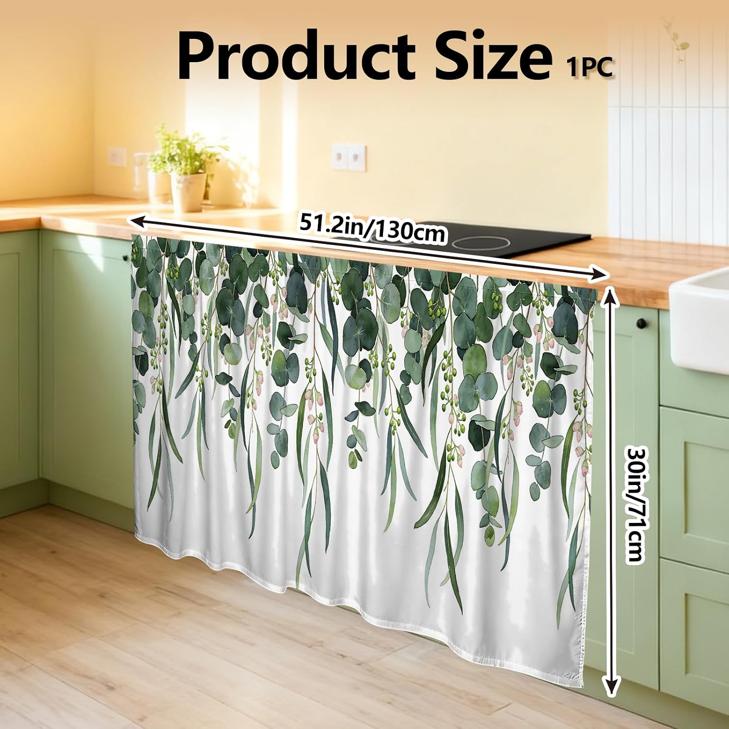 Eucalyptus Leaves Cabinet Curtains Plants 51.2 Inch Long Sink Skirts Curtain for Kitchen Flowers Cabinet Curtains for Bedroom Bathroom Laundry Room