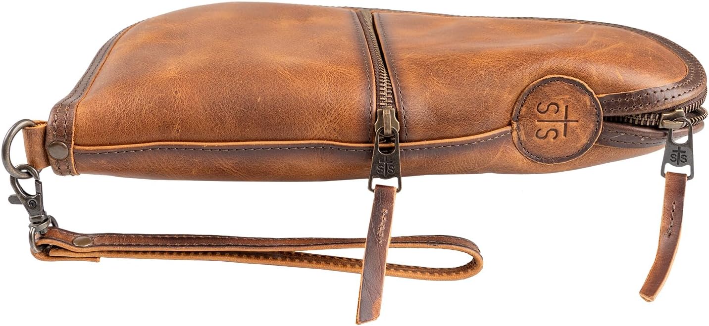 STS Ranchwear Tucson Pistol Case, Durable Genuine Full Grain Waxed Leather Padded Hunting Range Shooting Pistol Concealed Carry Storage Pouch w/Zip Around Closure, Pockets & Wrist Strap, STS34295