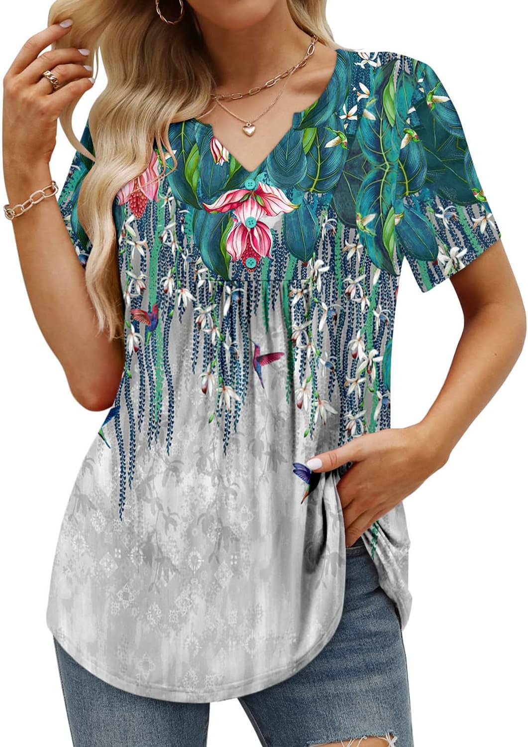 BETTE BOUTIK Womens Short Sleeve Tunics V Neck Button Down Shirts Blouse Tops Pullover S-3XL - Image 3