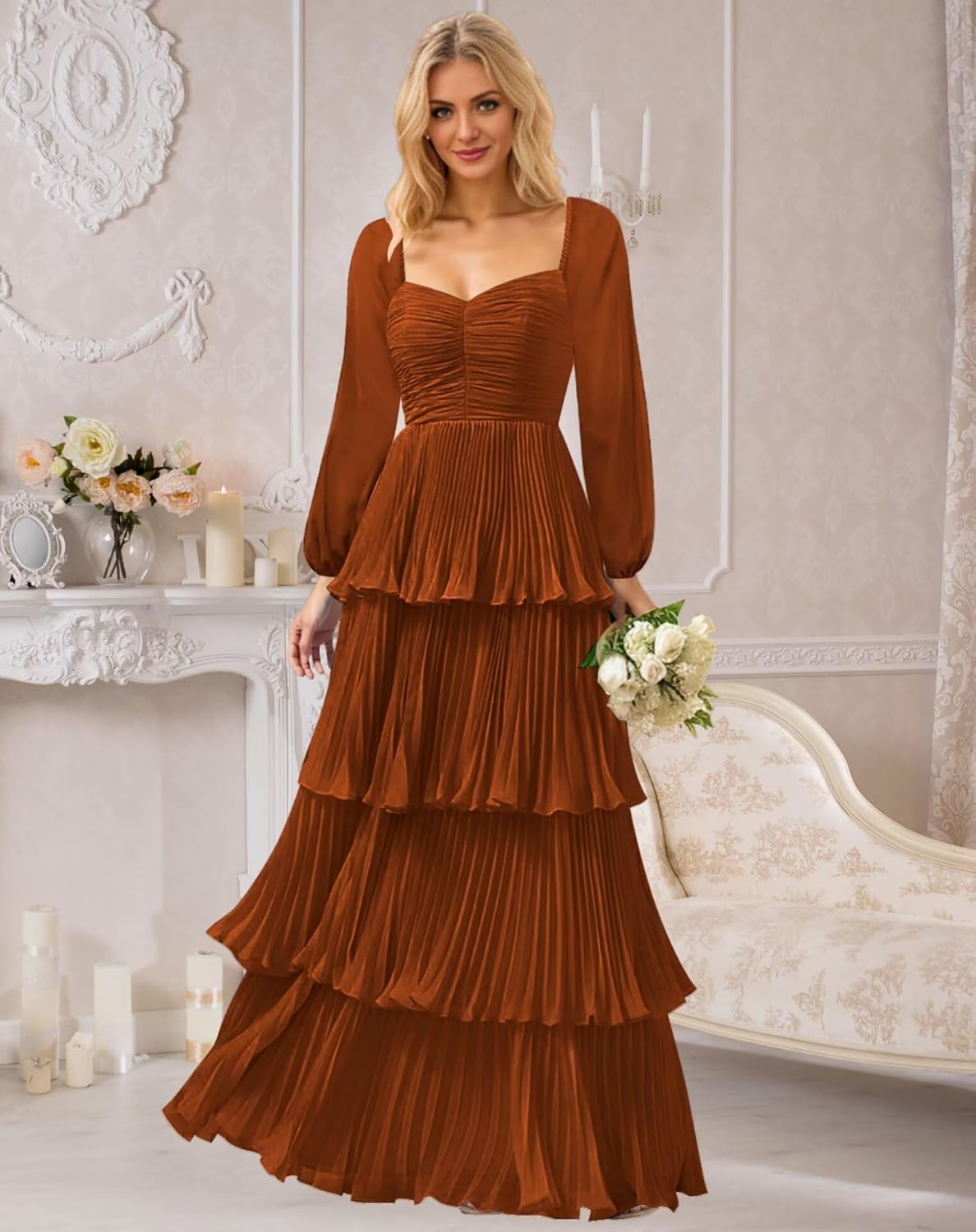 VCCICANY Long Sleeve Bridesmaid Dresses for Women Chiffon Ruffles Tiered Pleated Long Formal Evening Gown
