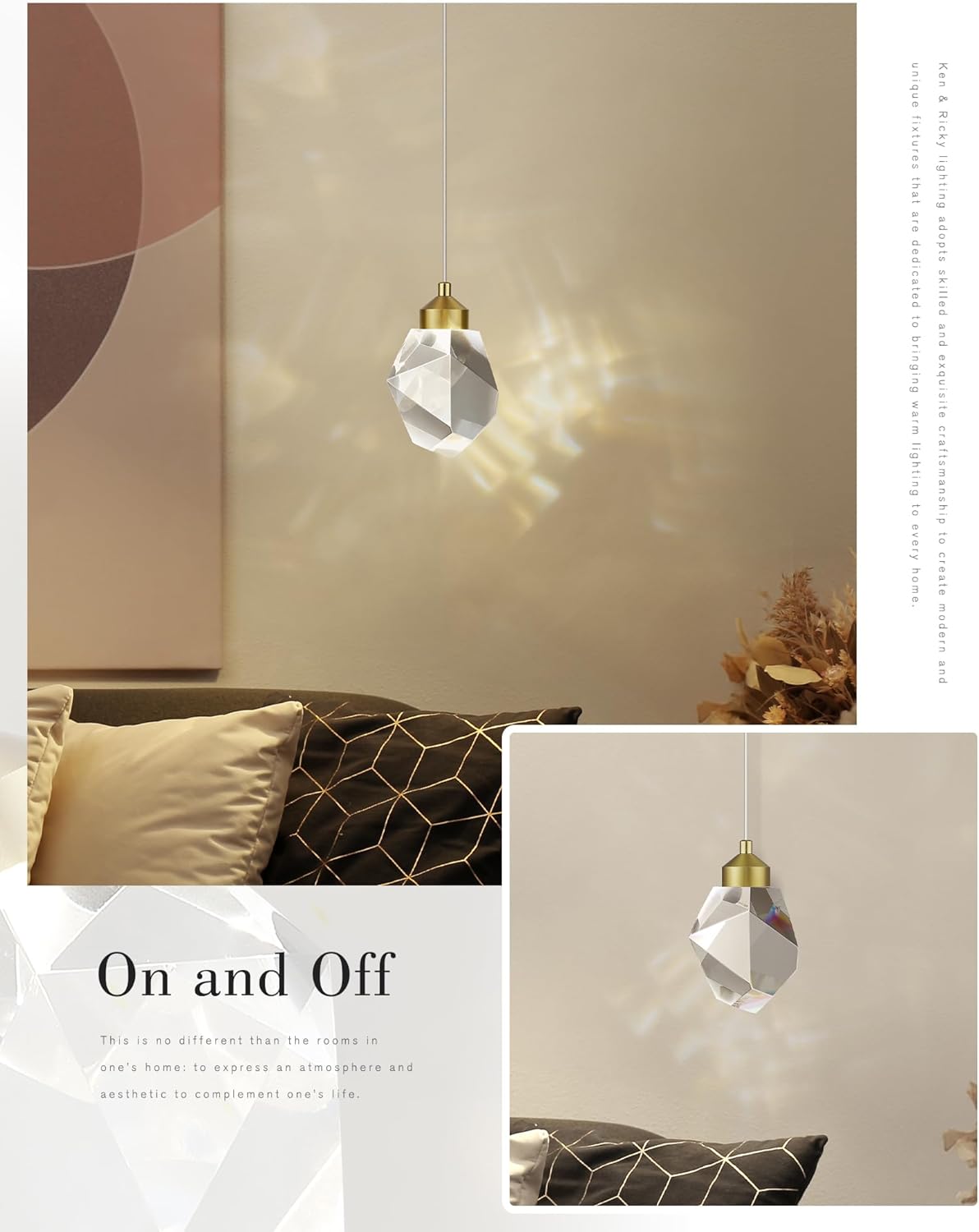 Ken & Ricky 3 Pack Crystal Pendant Light Fixture, LED Pendant Lights Kitchen Island,3CCT Hanging Light for Bathroom Dining Room Bedroom,KR3362-BG-3PK