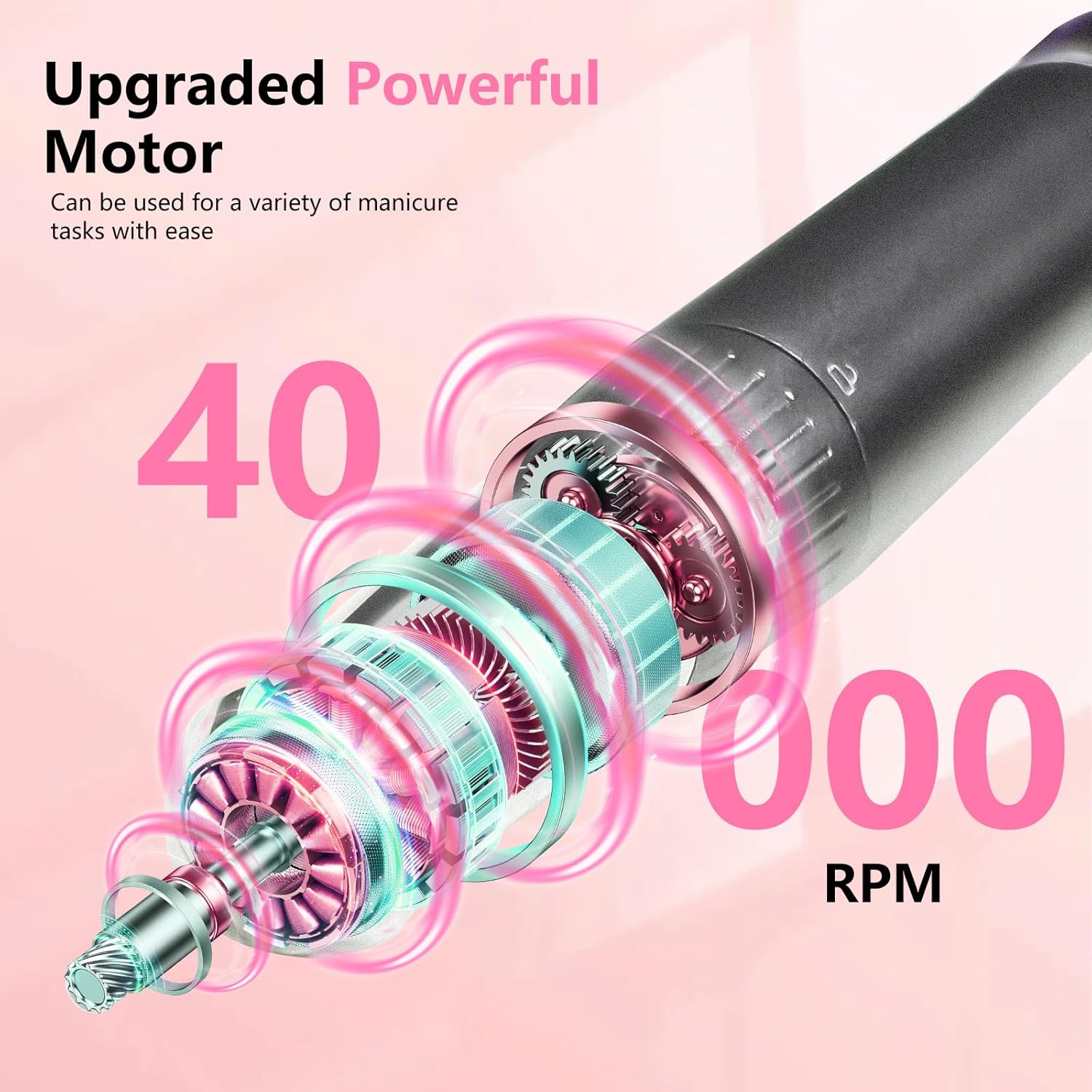 BETE Professional Nail Drill, 40000 RPM Cordless Electric Nail File Kit with 6 Bits, Rechargeable Efile for Acrylic Gel Nails Polishing, Manicure Tools for Salon Home Use, Pink