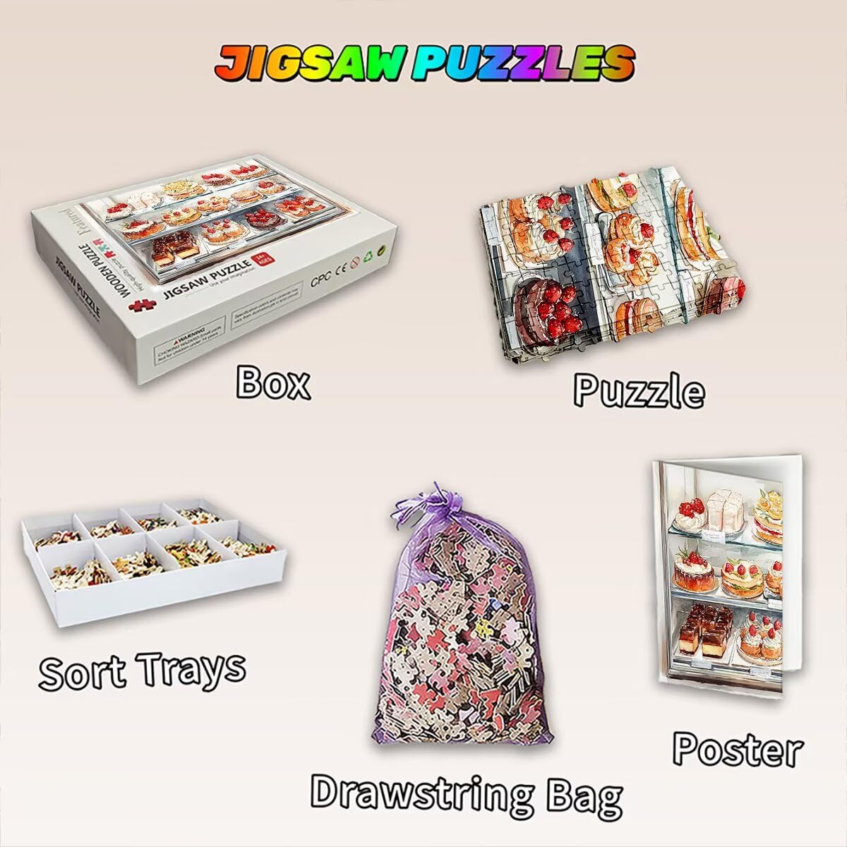 Puzzle 3000 elementów dla dorosłych, puzzle 3000 sztuk ciasta, deser puzzle dla dorosłych z wykwintnym pudełkiem do pakowania, gry edukacyjne, duże drewniane puzzle, prezent dla kobiet do dekoracji