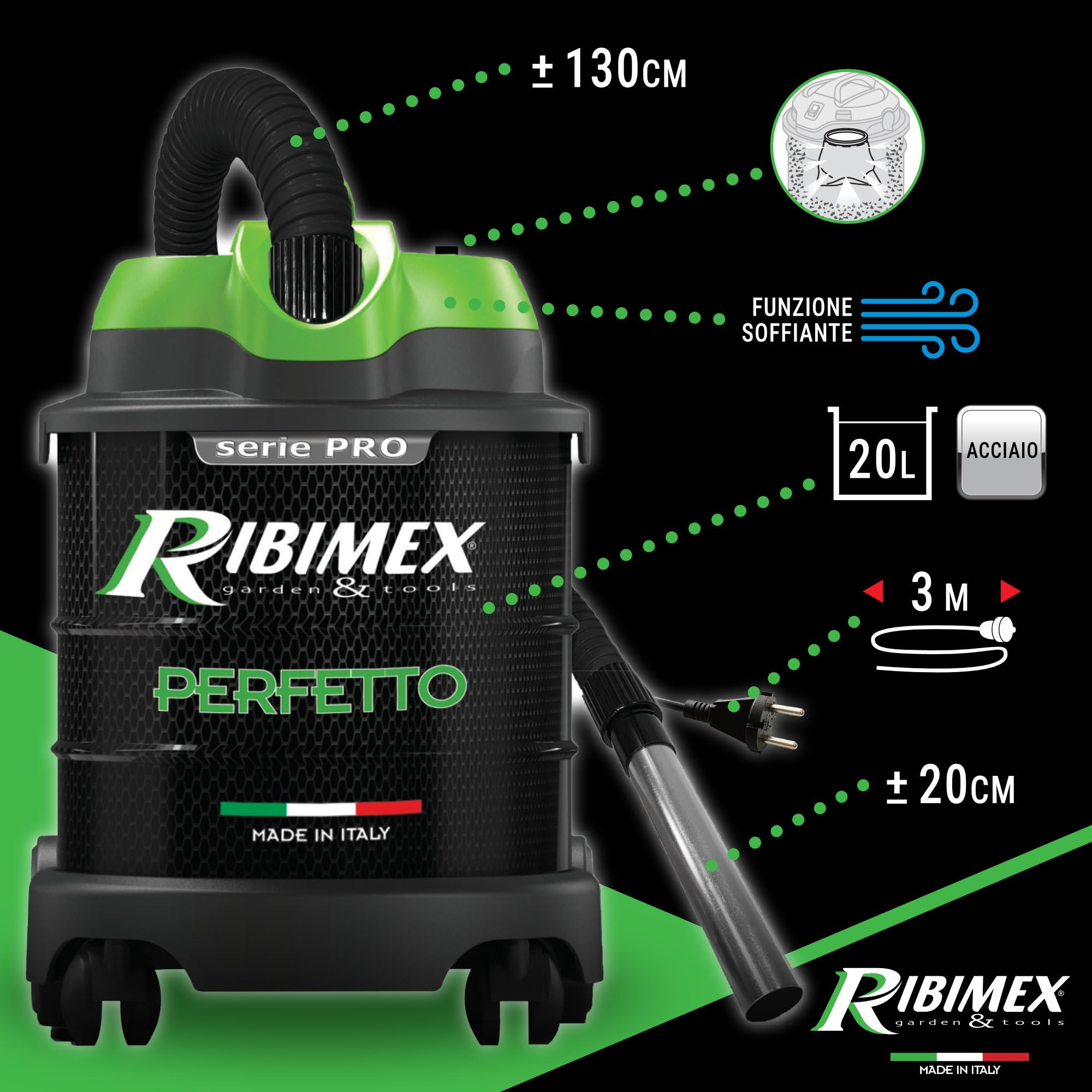 Ribimex Aspiracenere Elettrico Perfetto, Silenzioso, con Filtro HEPA Lavabile, Funzione Soffiante, Bidone da 20 L, Potenza 1200 W, Ideale per Aspirare Ceneri Fredde da Stufe e Camini - PRCEN020