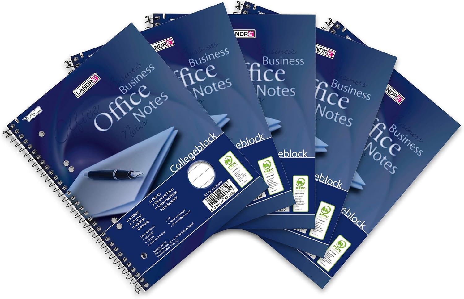 Landre Office 100050259 Notebook A5 80 Pages Pages 70 g/m² Pack of 5 Spiral-Bound Notepad"Office", A5 Rip-Out, 80 Sheets, Lined/Margin 0