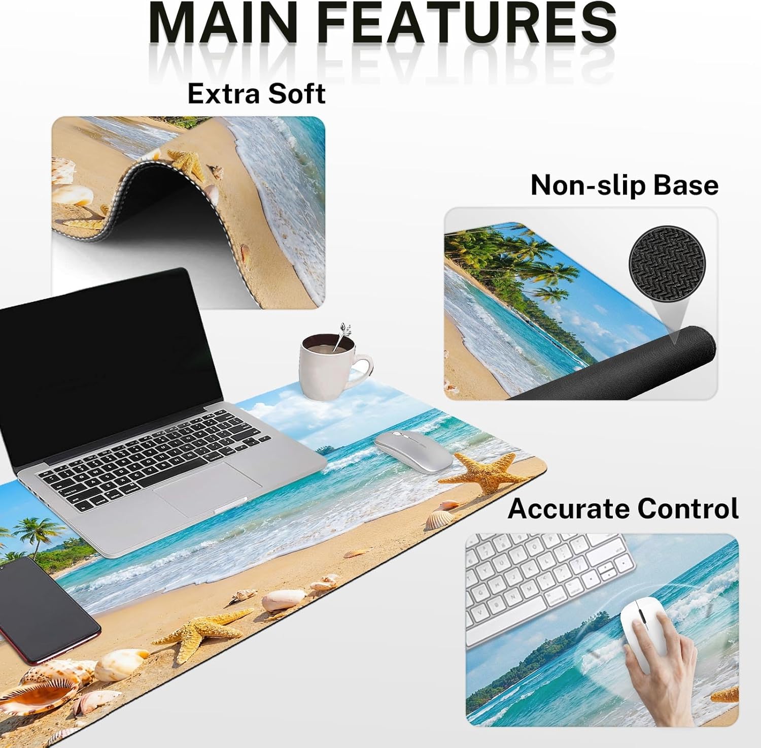 Britimes Beach Tropical Coastal Keyboard Mouse Pad Set Ocean Seashell 4in1 Large Mousepad+Keyboard Wrist Rest+Mouse Wrist Rest+Coaster Ergonomic Design for Home Office Computer 35.4x15.7 inches