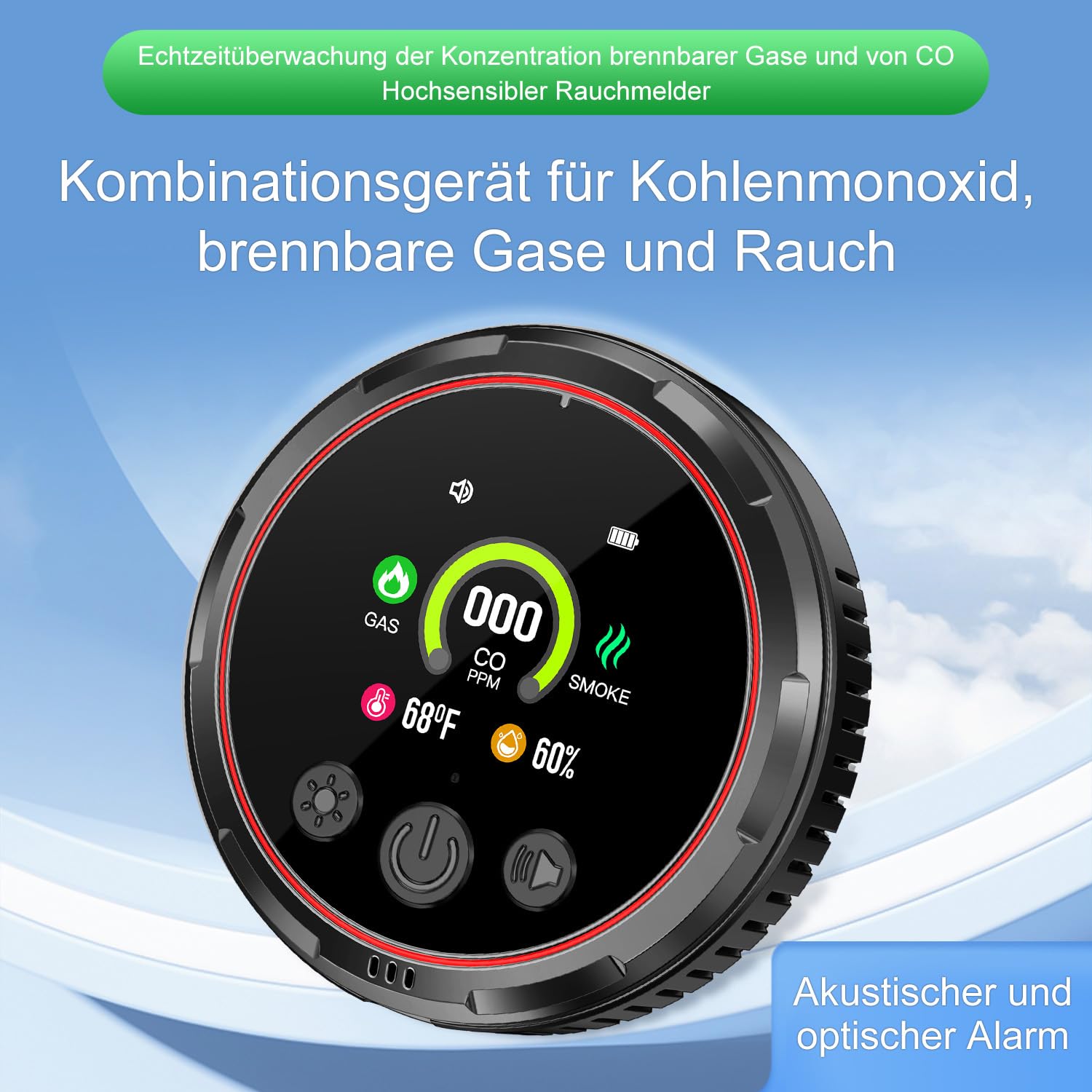5in1 Rauchmelder CO-Melder Gasmelder und Temp Feuchtigkeits-Sensor für Haus | Plug in Rauch CO Gas Kohlenmonoxid-Detektor mit Batterie, HD-Bildschirm, Temp Feuchtigkeits-Sensor für Home Hotel RV HD13