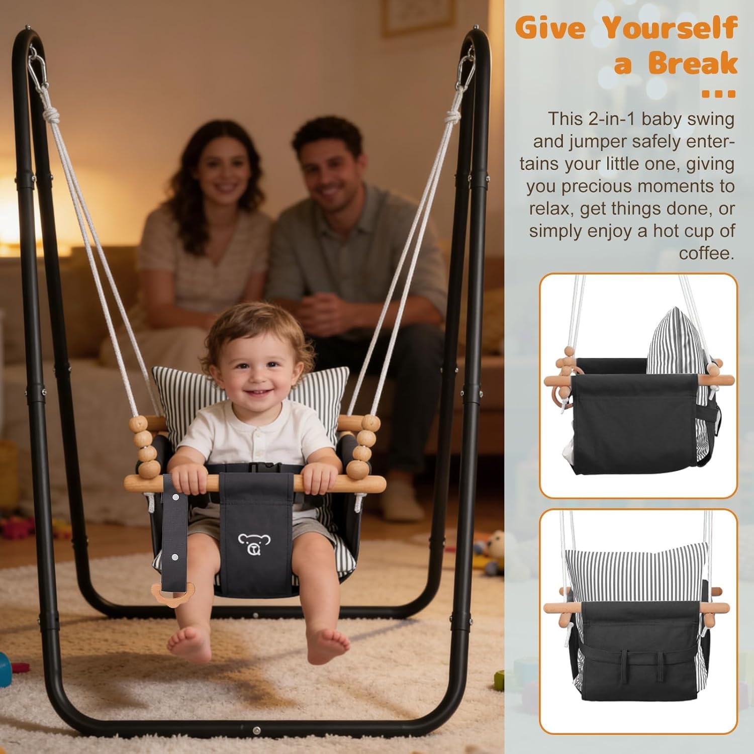 Balançoire 2 en 1 pour bébé - Convient pour l'intérieur et l'extérieur - Elle dispose d'une ceinture de sécurité à cinq points, d'un design peu encombrant et est stable et sûre pour les bébés