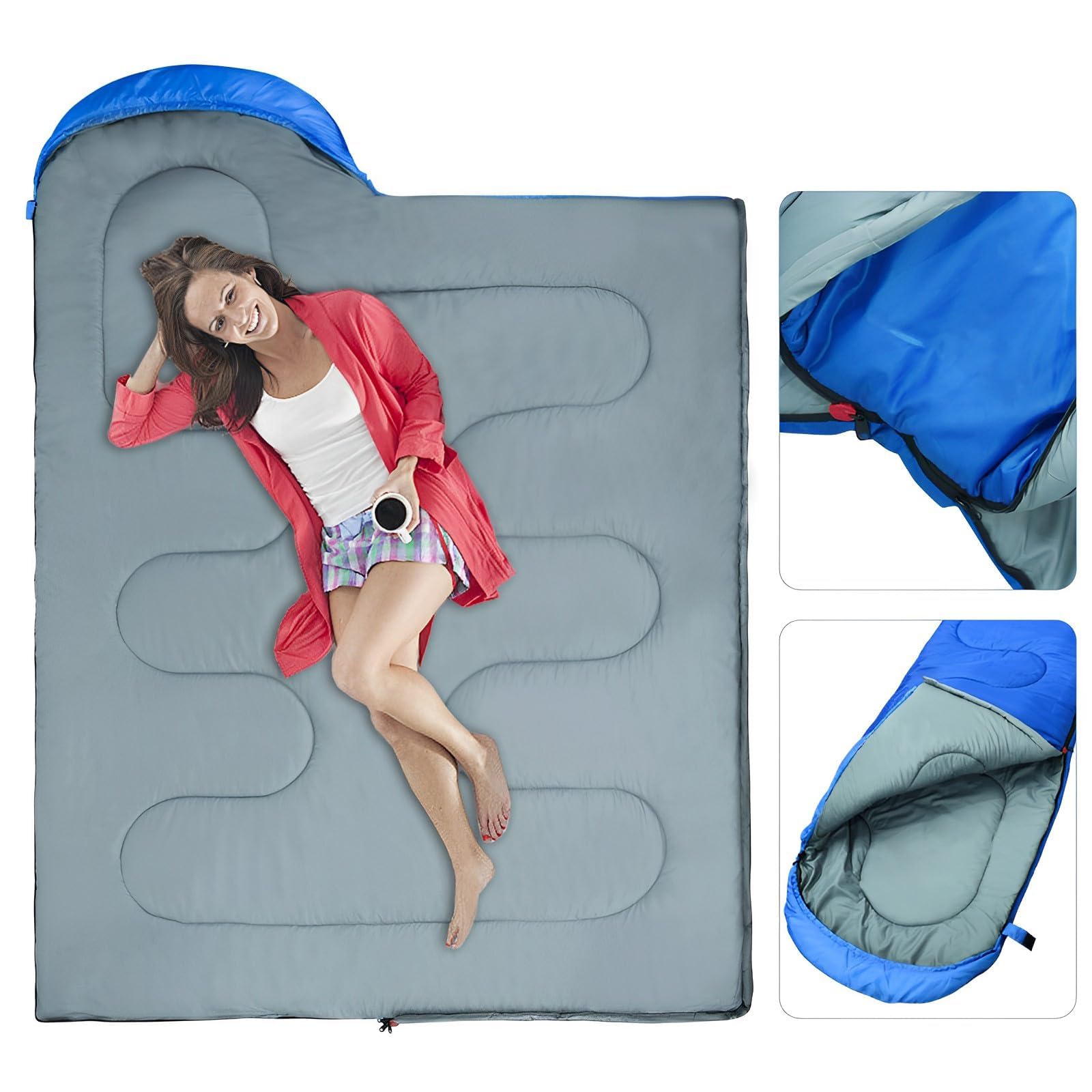 Śpiwór 220 x 80 cm, 1000 g śpiwór kempingowy na 3 pory roku, ultralekki na lato, jesień, wiosnę, mały pakiet niebieski FL-120 cichy wentylator 3