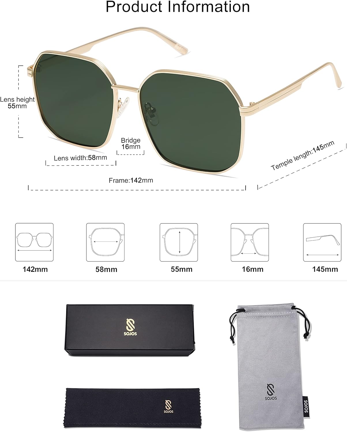 SOJOS Retro Square Polarized Sunglasses for Women Vintage Square Shades UV400 Large Metal Frame SJ1166B - Image 5