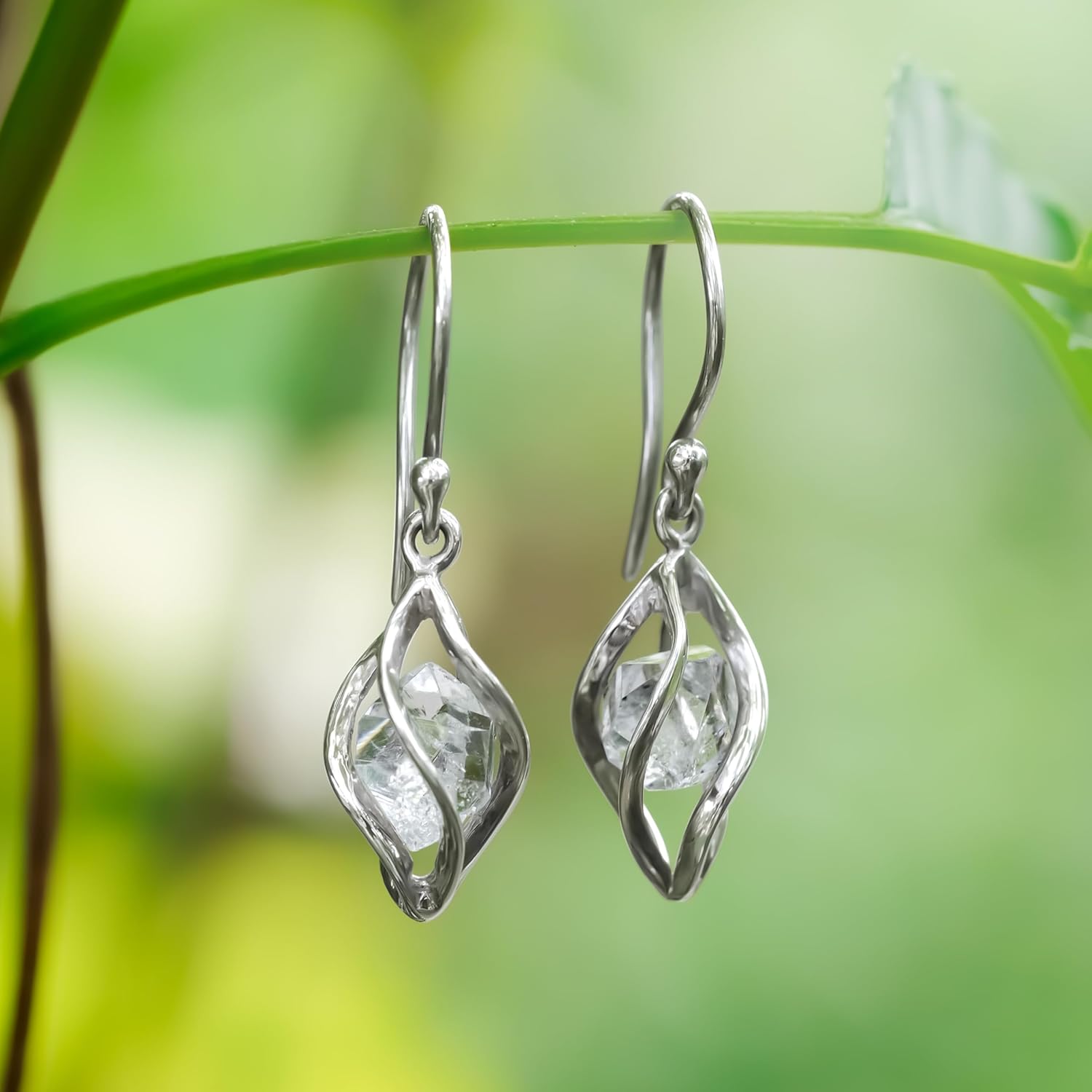Starborn Sterling Silver cage set natural Herkimer Diamond Quartz Earrings
