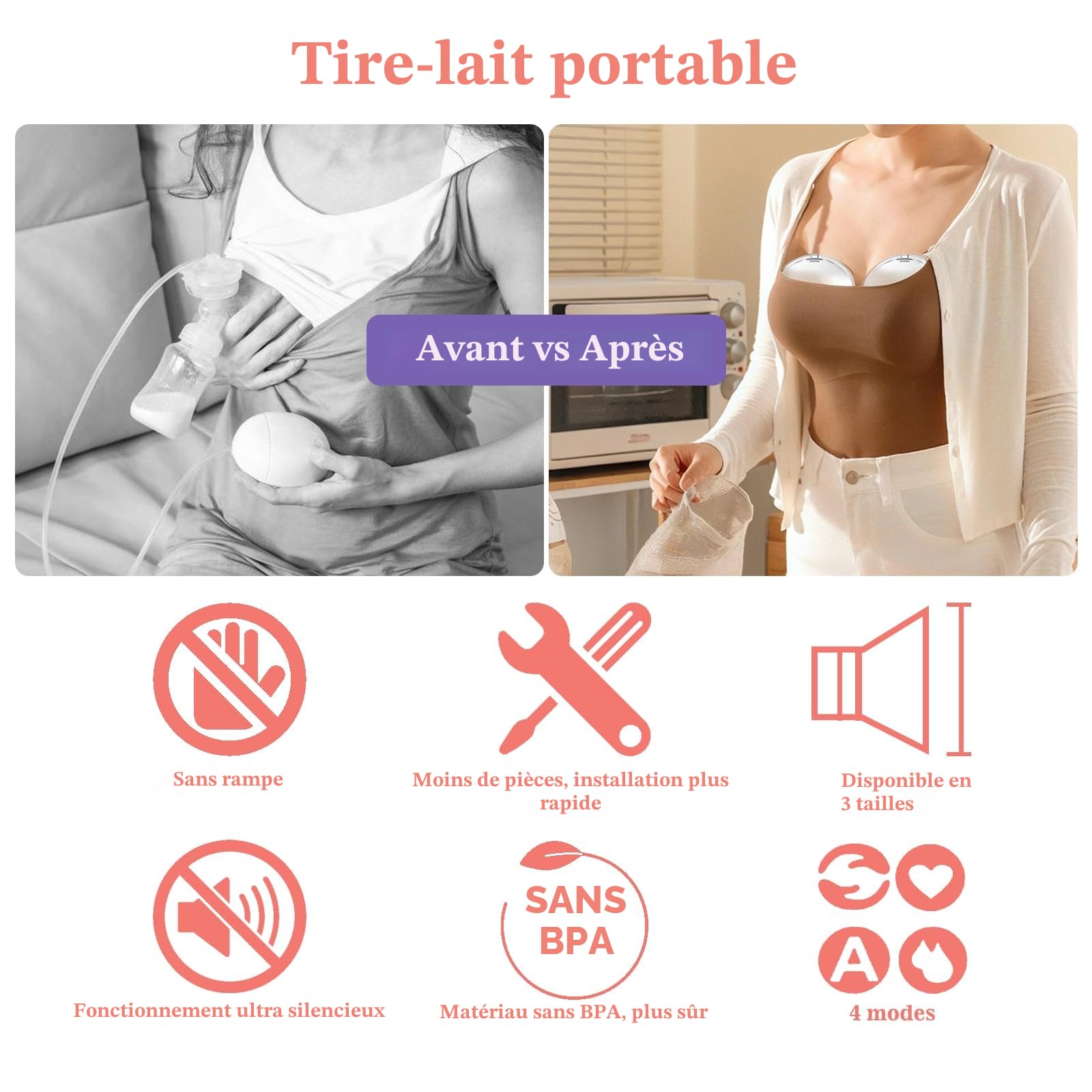 Tire Lait Electrique avec 4 Modes, 2 Tire Lait Portable, Breast Pump Electric Main Libre avec 2 Boucles de Réglage de Soutien-Gorge et Bride de 17/19/21mm, Faible Bruit, avec Écran Led, Blanc