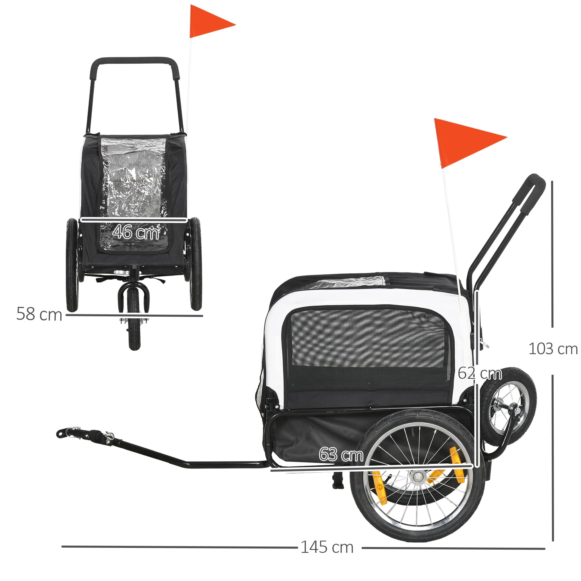 PawHut Remorque vélo Jogger 2 en 1 pour Animaux de Compagnie, remorque à vélo pour Chien, Laisse de sécurité Drapeau Roue Avant pivotante réflecteurs Noir