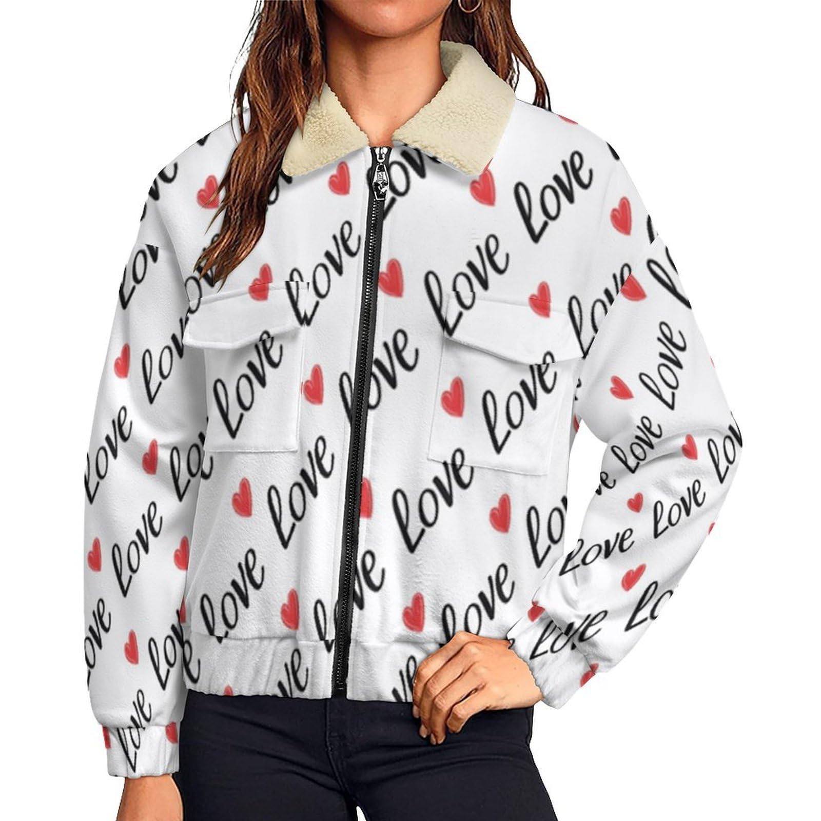 Giacca in Pile Caldi da Donna, Semplice Moda con Stampa a Amore Cuore, Invernale, a Maniche Lunghe, con Chiusura Lampo, Spessa, Comoda, con Tasche