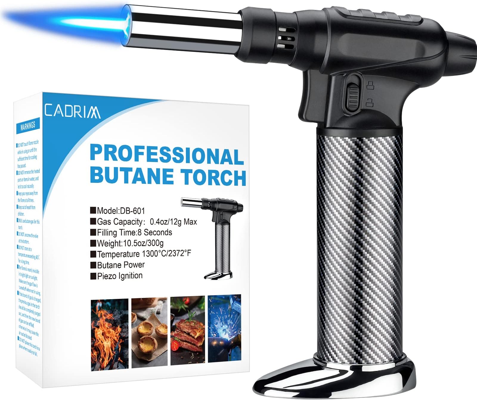 Cadrim Kitchen Blow Torch 1300°C Professional Butane Culinary Torch Lighter Refillable with Fire Lock & Child Safety Lock Adjustable Flame Cooking Torch Creme Brulee Pastry Dessert Brazing (NO Fuel)