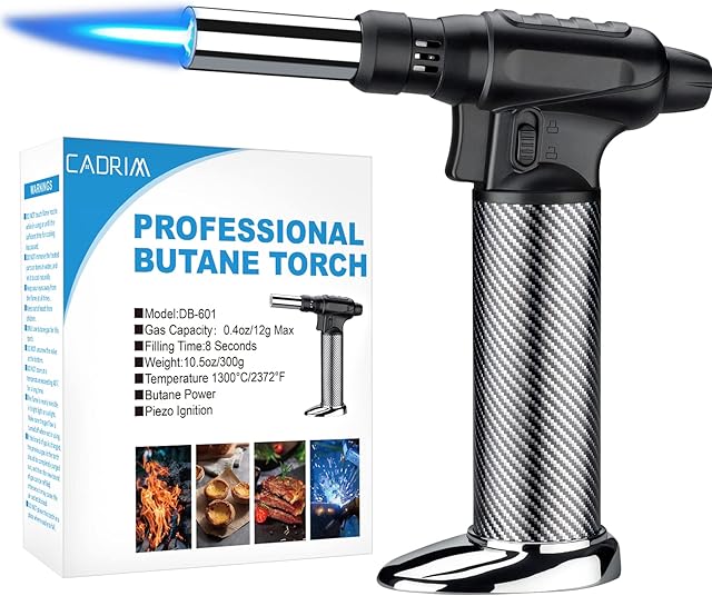 Cadrim Kitchen Blow Torch 1300°C Professional Butane Culinary Torch Lighter Refillable with Fire Lock & Child Safety Lock Adjustable Flame Cooking Torch Creme Brulee Pastry Dessert Brazing (NO Fuel)