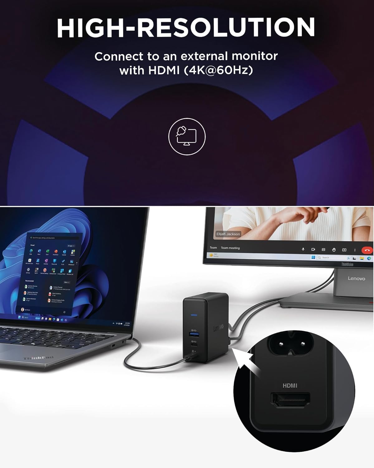 Lenovo GaN Charging Dock, Multiport Docking Station w/ 60W PD, HDMI, USB-C, USB-A, Micro SD, Power Adapter & Dock in One, Compact Design, Sustainable Materials, Home Office Gaming Dock Stand Console