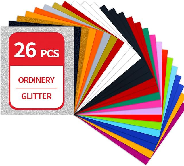Heat Transfer Vinyl - 12" x 10" Iron on Vinyl,26 Sheets HTV VinylPU for T-Shirts & Fabrics,Bonus Teflon(20 Color Ordinary and Glitter)