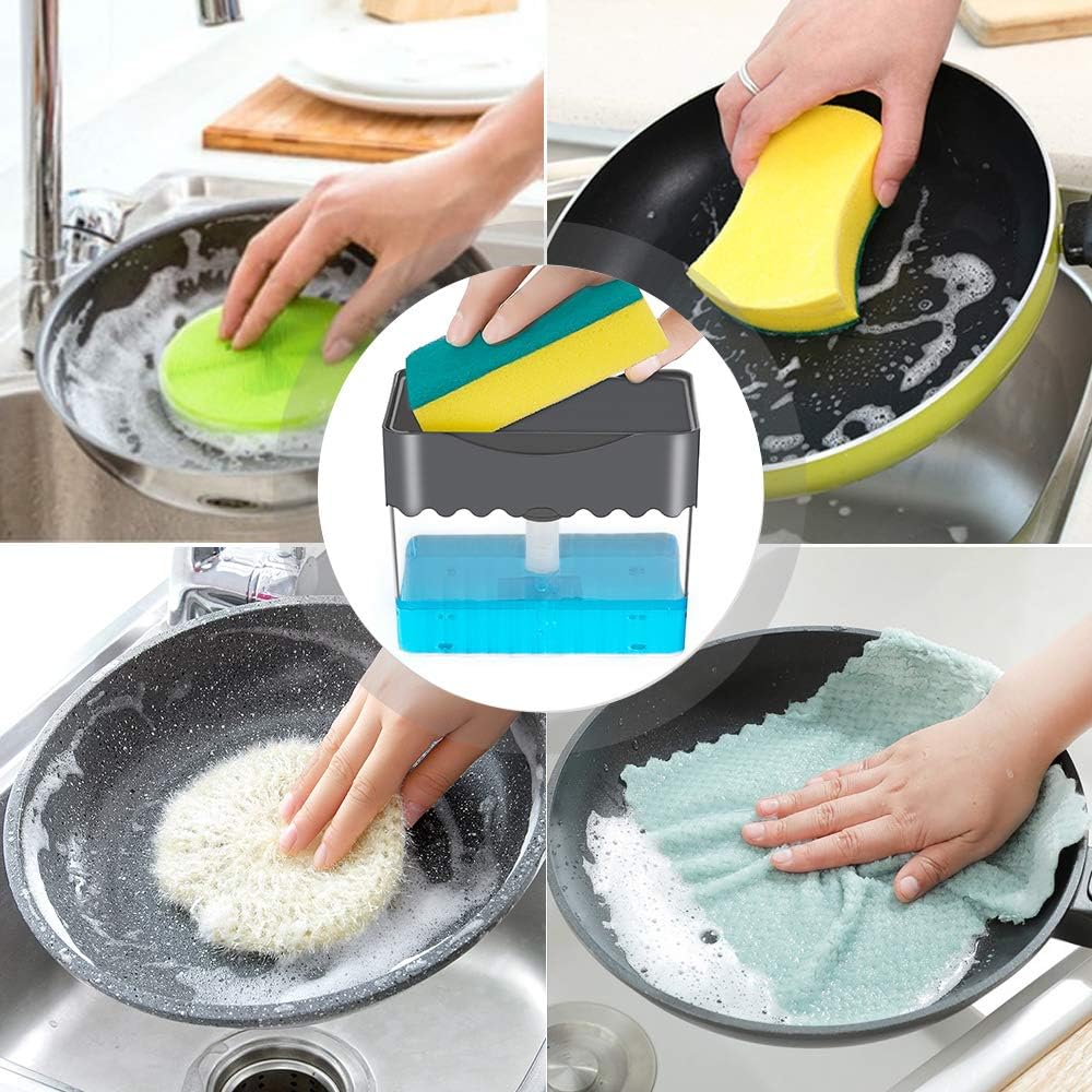 Dish Soap Dispenser for Kitchen Sink with Sponge Holder 1 Pack, 2-in-1 Liquid Soap Dispenser on Countertop with Sponge Holder - Save Soap and Do Dishes Better - Ideal Kitchen Companion-Grey